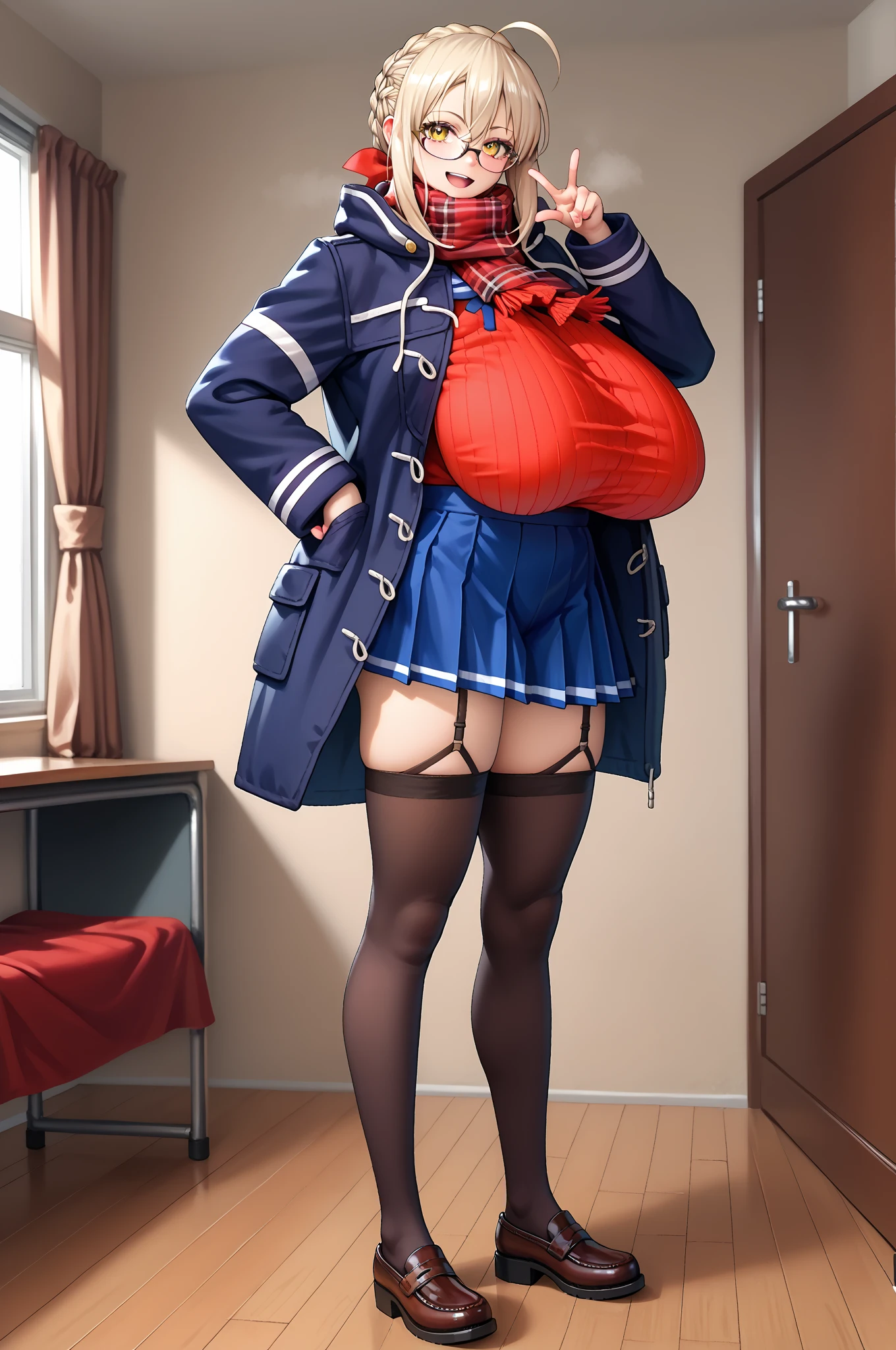 throw, looking at viewer, school, class room, expressive, Expressive, hotel room, 1 girl, heroinex, glasses, yellow eyes, ahoge, blonde hair, scarf, braid, jacket, red scarf, skirt, french braid,glasses, yellow eyes, ahoge, blonde hair, thighhighs, full body, sagging breast,
   tall women,   I sweated,   high leg,    I sweated, steamy, standing,
 1 girl, Improve, 1 person,  gigantic breast, sagging breast,   huge breasts,  huge breasts,  pubic skin,  score_9_up,  score_8_up,  score_7_up, masterpiece,  are very beautiful,  excited , Vulgar,