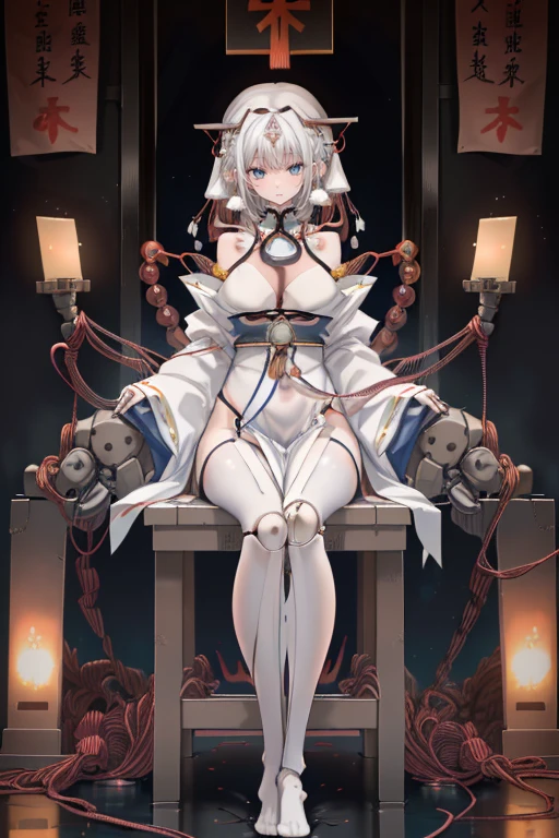 top-quality、Full limbs、complete fingers、1 beautiful woman,(ideal ratio body proportions:1.5), beautiful detailed face, perfect feminine face,Small and beautiful eyes,Droopy eyes, gray eyes,sweat、Slender beauty、straight haired、silver hair、(expressionless:1.5),(shrine maiden outfit:1.5)、(coverd nipples:0.5)、very skinny、cleavage、White pantyhose、(factory、Mechanical Prototype room:1.4)、used condom、vulgarity、spoken heart、(tan:1.5)、 (sitting a restraint metal chair:1.6), (show off armpit:-0.0), (Machine joints:1.9),((Mechanically cut muscle blue blood vessels connected to tubes:1.5),(Mechanical cervical spine attached to the neck:1.5),(Wires and cables connected to the head and torso:1.8),