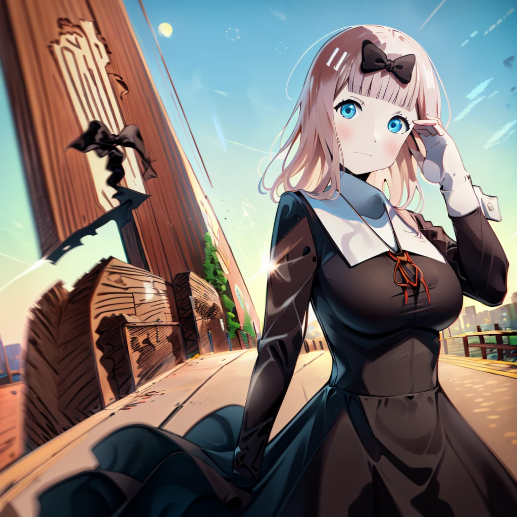 (invisible, no humans, headless, handless, faceless:1.5), masterpiece, best quality, highres, chika1, fujiwara chika, school uniform, black bow, black dress, red ribbon, long sleeves, blunt bangs, neck ribbon, collared dress,cowboy shot, standing, in Night city, (close-up to breasts)