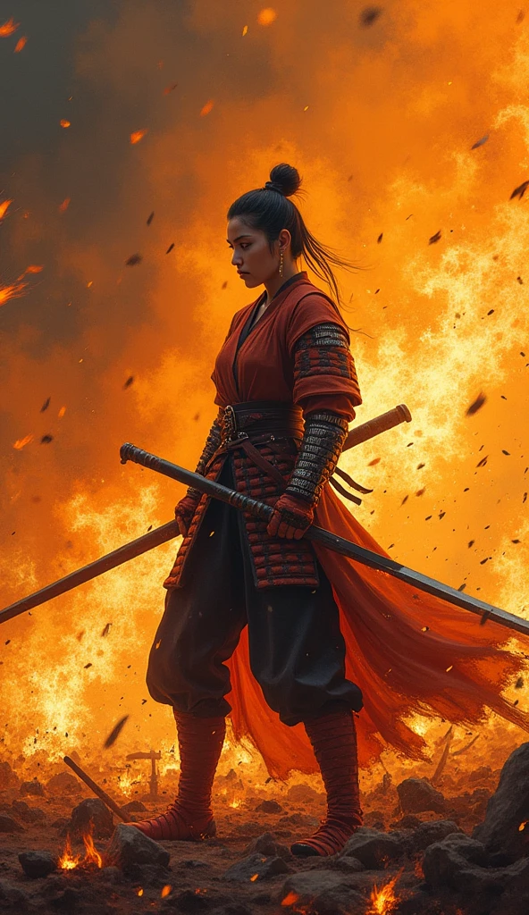 Bustling ancient towns were burned，In the midst of the fire stood a samurai with a sword