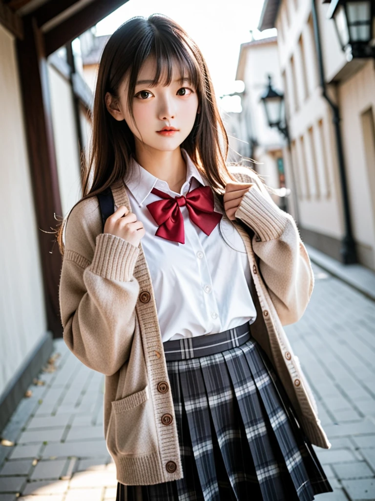  score_9, score_8_up, score_7_up, source_photograph,
 realistic ,photograph,( sharp concentration),(backlit photograph:1.4),Dramatic Shadows,Raw lighting, dynamic angle,
break
Japanese girl,
 dark eyes,( small eyes :1.1),
 slender round face ,
( school uniform),
( outer is a light beige cardigan :1.2),
( sleeves over the wrist :1),
(  inner is a white collar shirt :1.2),
( red string neck bow :1.1),
break
( bottoms are black and gray plaid skirt:1.2),( pleated skirt,   Mini Skirt:1.2),
Outdoor,upper_body,