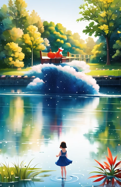 ( masterpiece,   best quality:1.2),  Quiet Lake:1.3， 1 girl,  fox，Alone，Water Play，Professional photography，