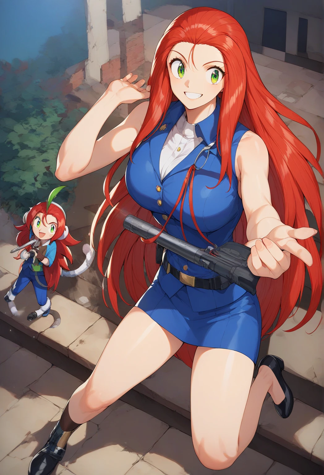 1 girl,  gunman shot ,  big breasts , (outdoors:1.2), (Evening:1.2), (officer:1.2), smile, Mikami con una gran smile,  green eyes,  red hair, long hair, forehead, Black Quipao , sleeveless , Monkey, women's shoes , En una Evening estrellada,  score_9,  score_8_above,  score_7_above, BREAK source_animated,  better quality ,  masterpiece , sin censura, Alone,