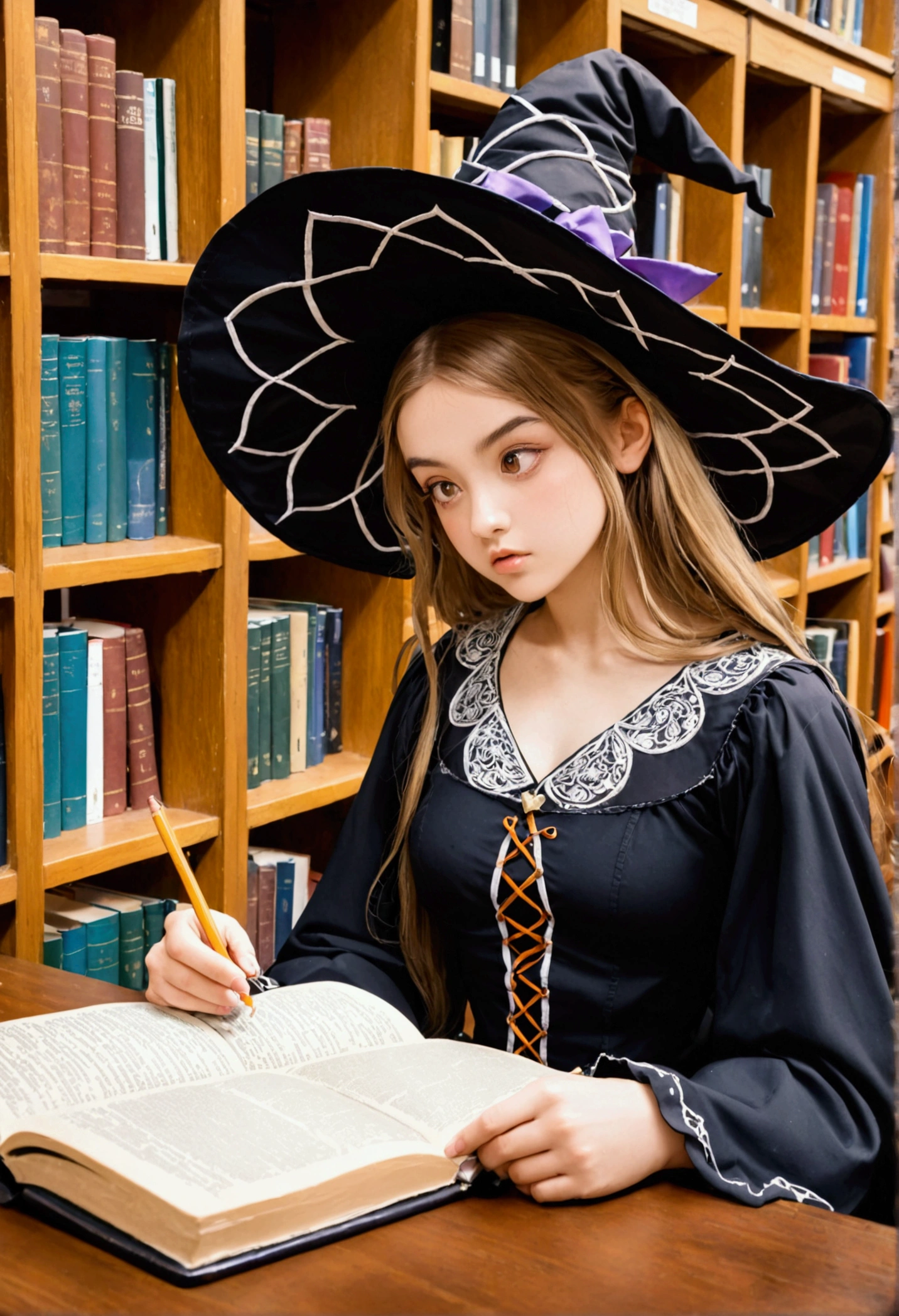 1girl, witch,  Concentrates on studying in a library