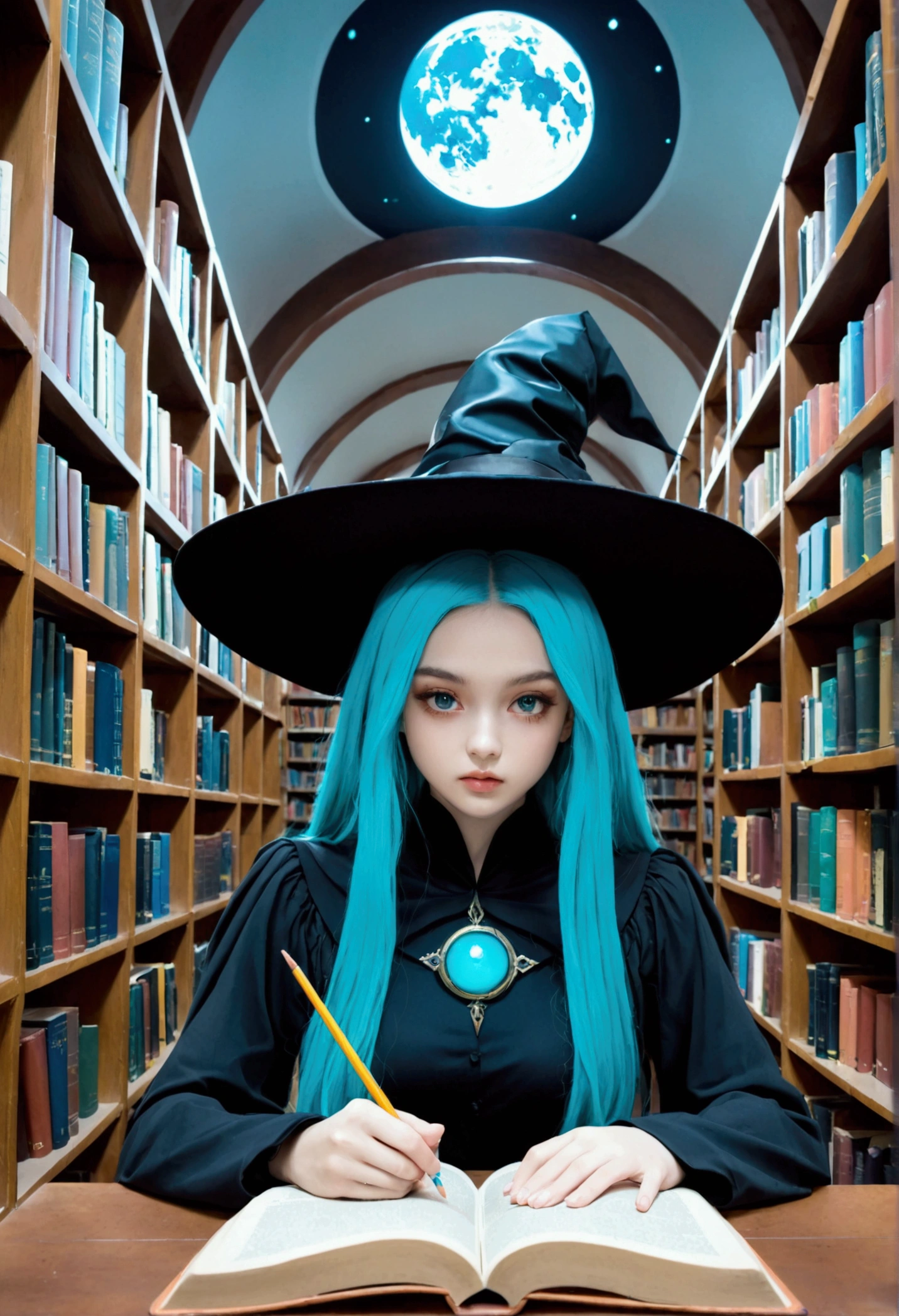 1girl, witch,  Concentrates on studying in a library