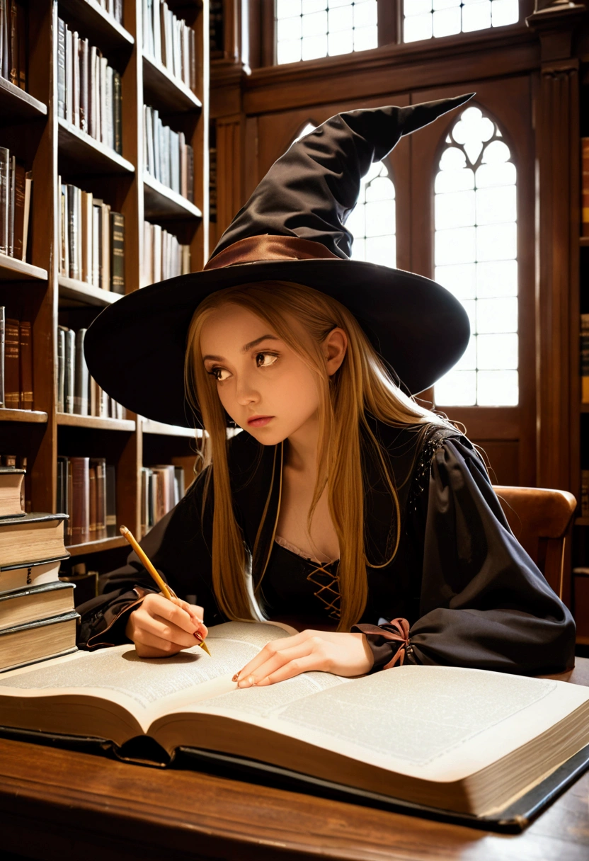 1girl, witch,  Concentrates on studying in a library