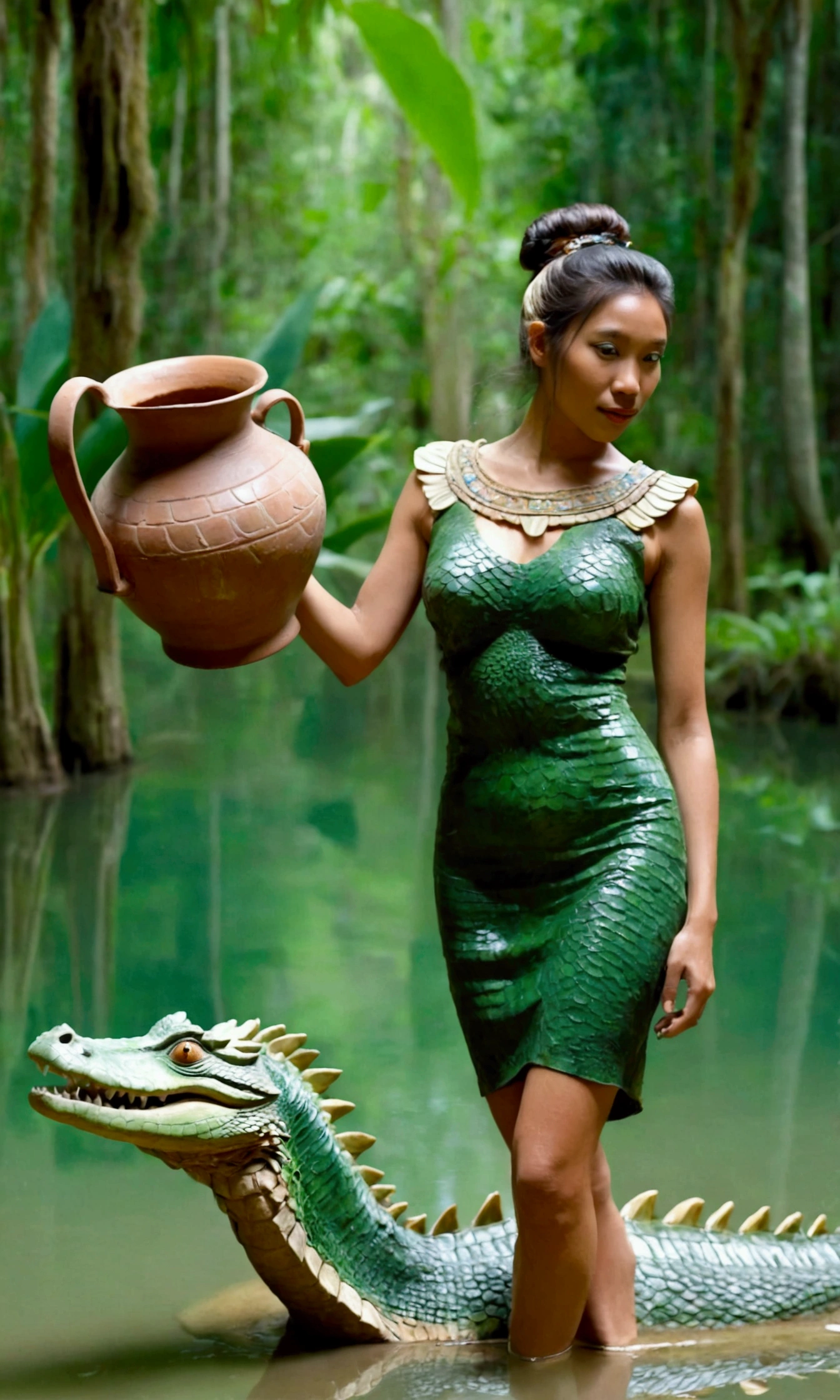 Generate an image a crocodile standing and that wearing a tribal dress it keep a stick in that hand 