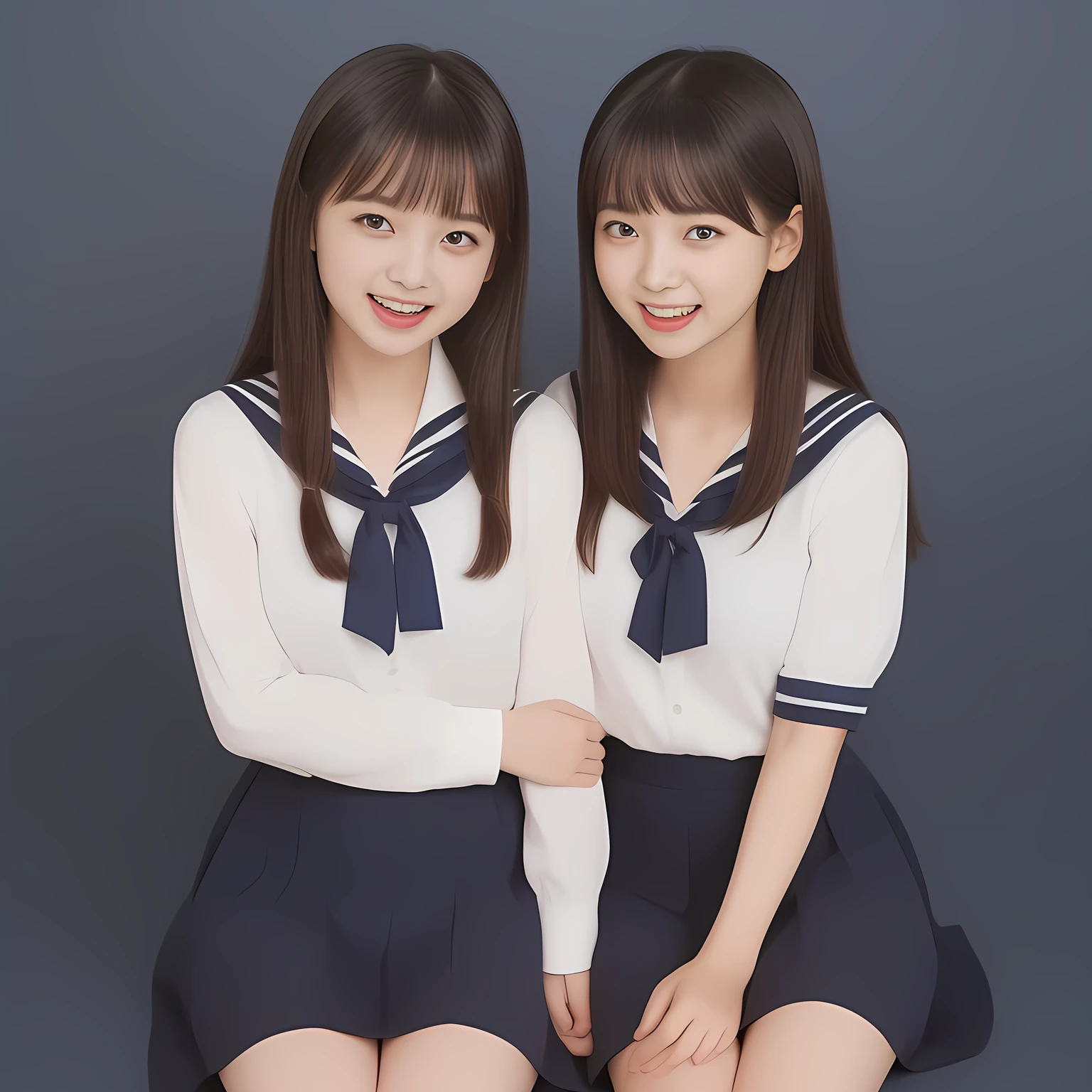 (Highest quality, masterpiece:1.2), Highest quality, High resolution, 1080P, 8k, (Two **** Japanese slender 清楚美少女アイドル are seated and give strong subliminal sexual invitation and temptation, undressing navy uniform, cute skirt with beautiful knees, looking at the viewer, can't stop showing cute smile open mouth because of feeling the viewer too ridiculous, very white-white face, very proud of her long straight black hair, using face-whitening cosmetics, **** 美少女's eyes, Small pupils, laughing giggling most open mouth, too expensive navy sailor-styled school uniform, well-straitened super-long well-trimmed long hair, evenly neatly trimmed girly cute bangs: 1.5), (Laughing blushed cheeks with dimples), (Well-balanced, impressive, very intelligent, double-eyelids, black shining large eyes of **** 美少女 with detailed: 1.5), ((Beautiful well-figured glossy opened laughing lips: 1.2)), (mature breast), (The viewer is forced to madly kiss her breast ribbon), (Very beautiful, super-glossy, cute neat black amazingly long hair, straight well-done long hair-style: 1.3), (plain blue background: 1.6), (((Completely balanced beautiful big cool eyes: 1.3))), (eyes, face and hair are especially beautifully detailed and beautifully drawn: 1.5), (She makes the viewer drink her love ribbon: 1.2), (the viewer become crazy and can't stop bursting and running every liquid to 清楚美少女, 美少女 is surprised : 1.7), (School uniform, too-cute slender 13歳 super-long-hair Japanese 美少女 idol twins are laughing at me and unties the breast button and make the viewer drink it: 2.0), (Super long hair super-beautiful 美少女 super-cute face navy-sailor-suit school-uniform pretty slender 美少女 of 美少女 photo magazine in the 1990s: 2.0), (Inevitable subliminal invitation and temptation force the viewer fall into eternal deep deep unreal pleasure of 清楚美少女の坩堝: 2.0)