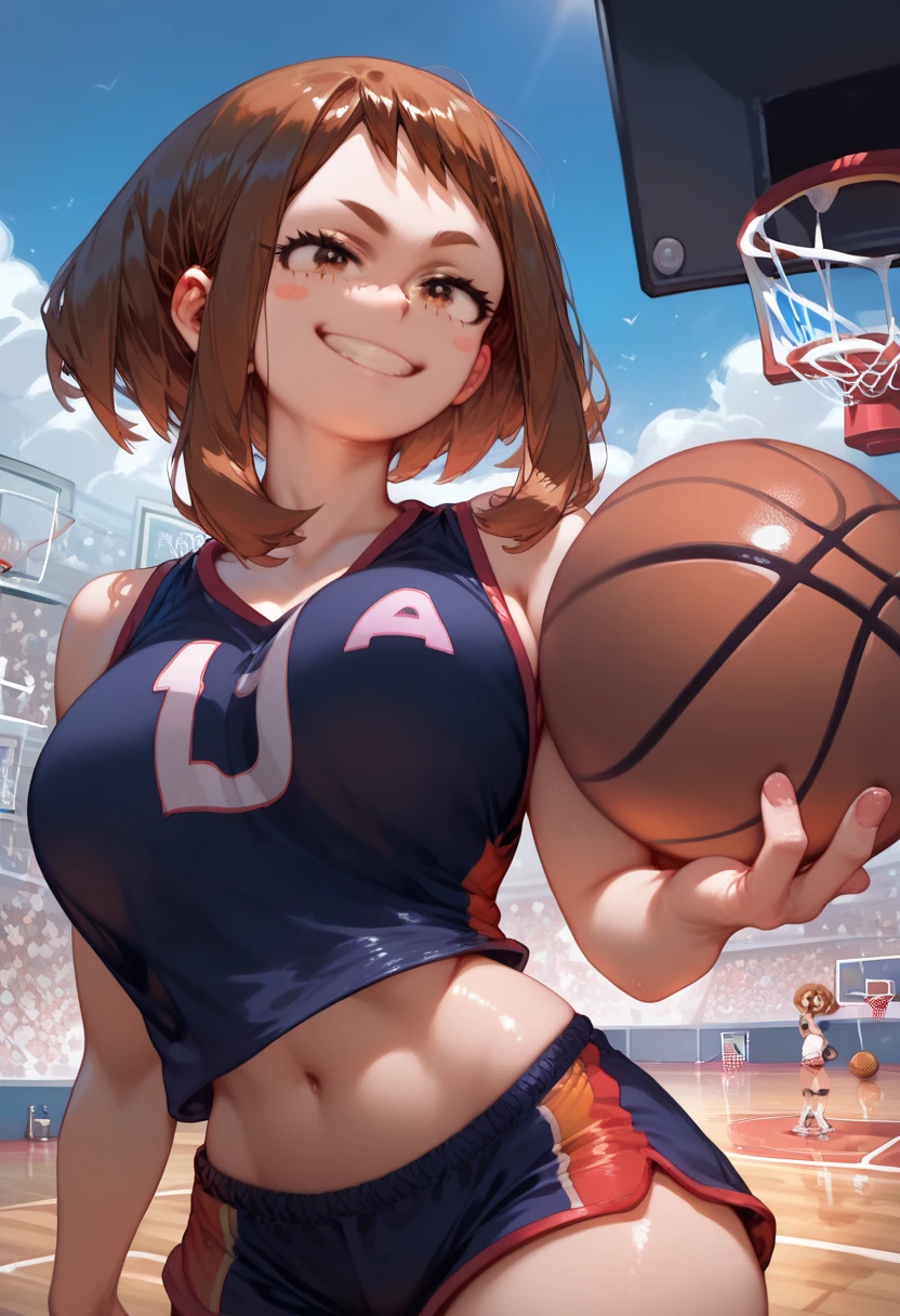 Uraraka Ochako from my hero academia. mochako, blush stickers, short hair, hand on her hips, hips, upper body, shiny skin, basketball court, shooting the ball, basketball jersey, basketball shorts, smirk, holding 3 finger s