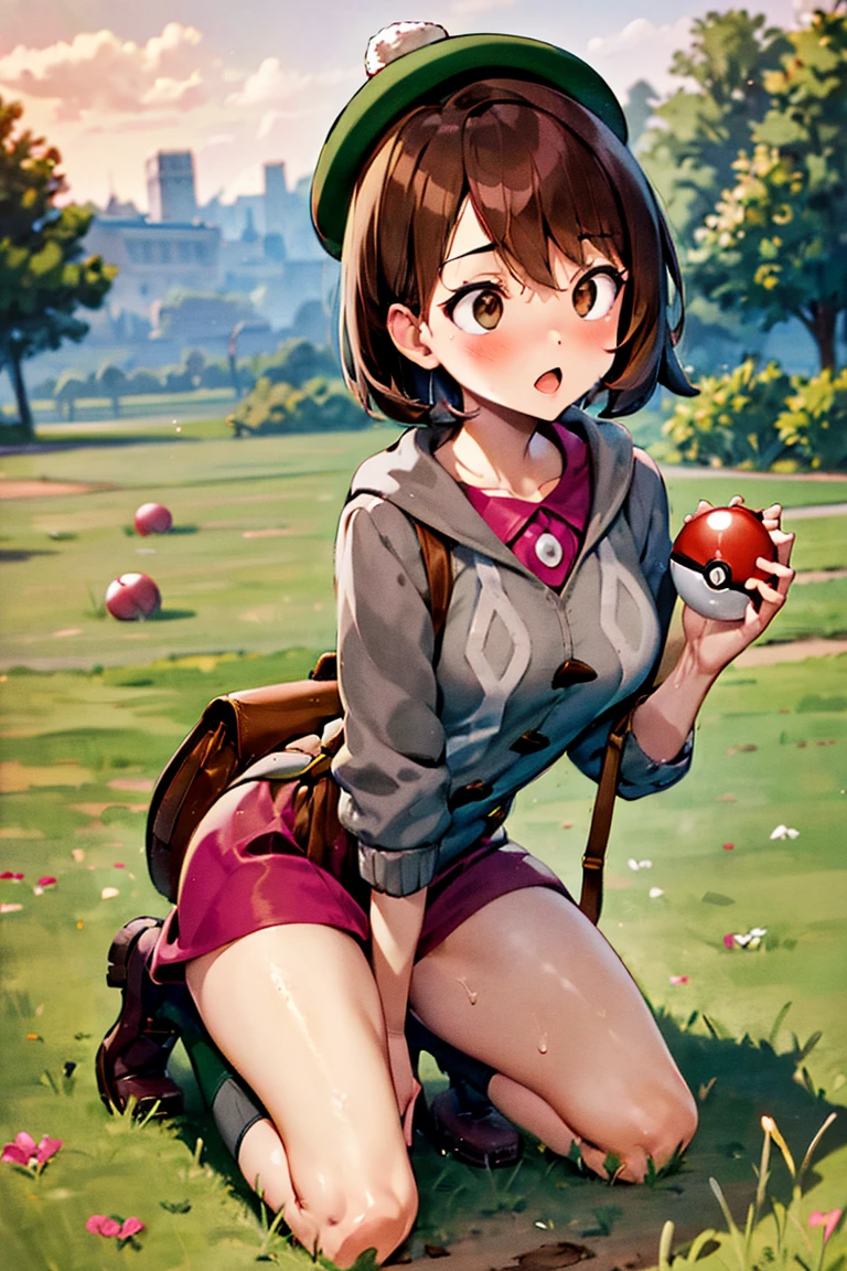 masterpiece, best quality, highres, gloria1, 1girl, gloria \(pokemon\), poke ball \(basic\), brown hair, solo, holding poke ball, backpack, brown eyes, tam o' shanter, grey cardigan, pink dress, short hair, green socks, socks, brown bag, bob cut, bangs, long sleeves, collared dress, field, grass, full body, boots, thick thighs: 1.3, surprised eyes: 1.4, medium breasts, sparks from ears