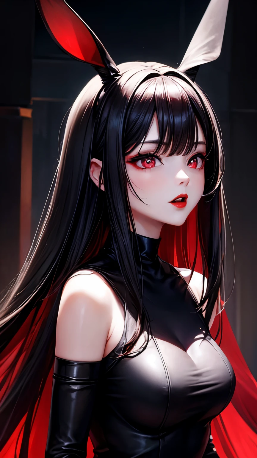 (Best Quality,High resolution,masterpiece:1.2),ultra detailed,professional,Girl,Red eyes,detailed eyes,detailed lips,long black hair,neutral expression,big breasts,black hooded clothing,full body cape,Gothic,portrait,intense lighting,Rich colors,Black and red tones,soft shadows,disturbing environment.