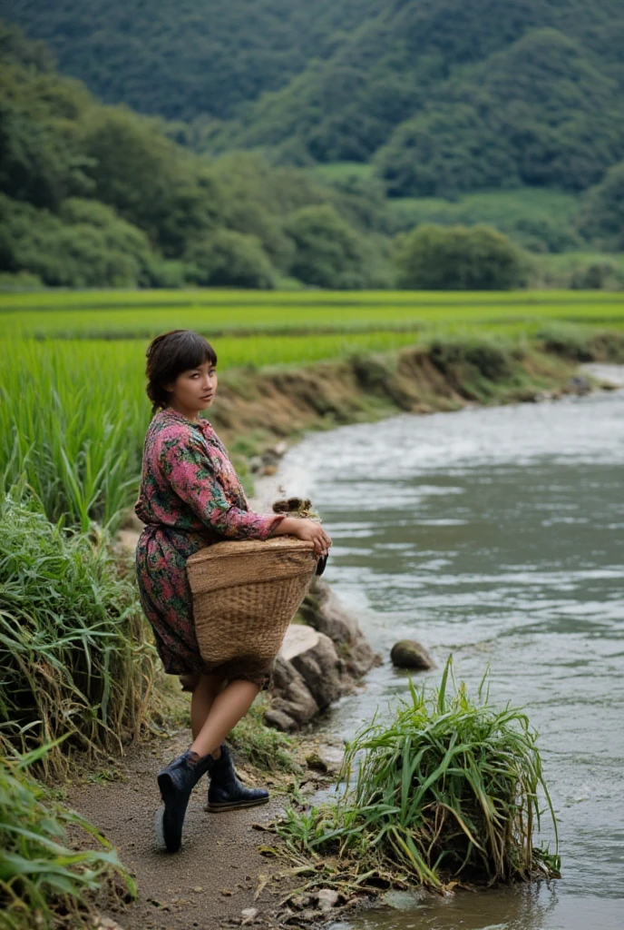 She is walking by the riverside, carrying a laundry basket, with a paddy field in the background in the northeastern region of Thailand.