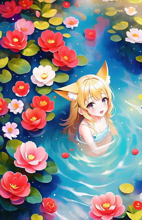 (  high definition ， best quality，masterpiece:1.2),  Quiet Lake:1.3， 1 girl,  fox，cute，Water Play，Professional photography，