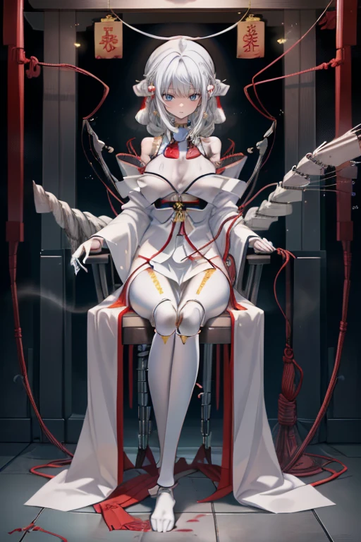 top-quality、Full limbs、complete fingers、1 beautiful woman,(ideal ratio body proportions:1.5), beautiful detailed face, perfect feminine face,Small and beautiful eyes,Droopy eyes, gray eyes,sweat、Slender beauty、straight haired、silver hair、(expressionless:1.5),(shrine maiden outfit:1.5)、(coverd nipples:0.5)、very skinny、cleavage、White pantyhose、(factory、Mechanical Prototype room:1.4)、used condom、vulgarity、spoken heart、(tan:1.5)、 (sitting a restraint metal chair:1.6), (show off armpit:-0.0), (Machine joints:1.9),((Mechanically cut muscle blue blood vessels connected to tubes:1.5),(Mechanical cervical spine attached to the neck:1.5),(Wires and cables connected to the head and torso:1.8),