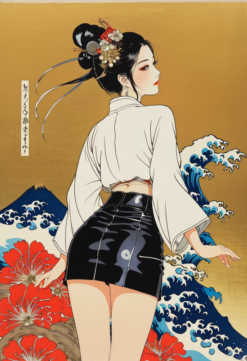 (  maseta membrane  、 best quality、Ukiyo-e style、mystery、Exquisite and beautiful、 Official Art、Sharaku:1.2)、( 1 girl has :1.3)、( fractal art:1.3)、cowboy shooting、 white skin、( beautiful brunette 、kimono:1.2)、 with traditional Japanese performing arts in the background、 rich and colorful、(、 belonging to the Japanese style :1.2)、 Slouching 、Big Breasts、Upper body bra only 、Rear View Enhancement 、 （  dynamic composition seen directly from below:4.7）、 Gray Hair 、((masterpiece,  best quality, 最High image quality, Steampunk. High image quality)),  young pretty girl  ,(( Black leather mini skirt)))Her back view、 white panties,Very delicate hair 、 full body angle、 full body image 、fix,Background white、
