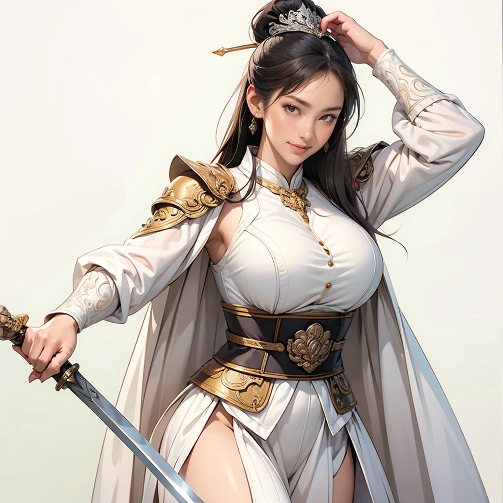 ( best quality,4K,8k, high definition ,masterpiece:1.2),super detailed,(super fine illustration),(((A woman drawn in an anime-style illustration ))),Ancient Chinese war princess ,20-year-old woman,(Shining Dark Eyes , Long Beautiful Black Hair , sculpted face ,smile), perfect style with eight heads ,Big Breasts:1.2,hairyarmpit:1.3,NFSW:1.3,(Silver HX armor based on ancient Chinese white :1.1,Armor with open armpits ,(剣を振り回している:1.3),dynamic pause:1.3,( wielding a sword opens and viewers can see her hairy armpits),( cowboy shot,( wielding a sword is depicted so that everything from the tip of the head to above the knee is not visible:1.3)),( standing:1.3,wide-angle photo:1.3, candid photo),(( white background:1.3,simple background:1.2))