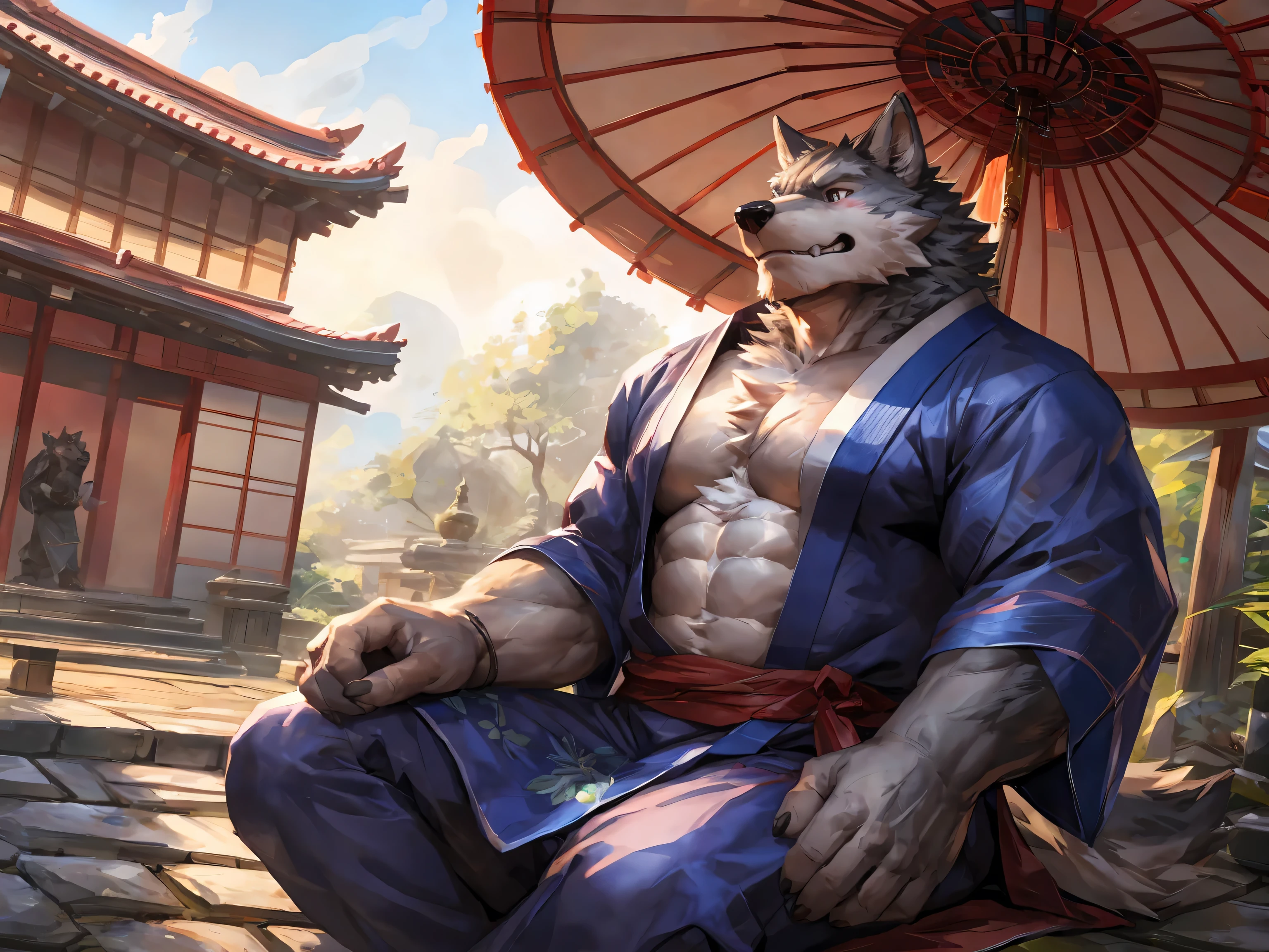 furry, anthro, a huge wolf:1.5, striped wolf:2.3, samurai, strongman:1.3, samurai armor:2.5, he is wearing samurai armor:2.3, seated autside chinese temple, black haircut, saggy balls, ((penis flaccid)), looking away:2.1, super detailed, detailed face, super detailed eyes:1.4, best art, 8k, vibrant, ((by snowskau:0.8)), by taran fiddler:1.8, by RedRusker:1.2, art stile, 3D, detailed background, halfbody,