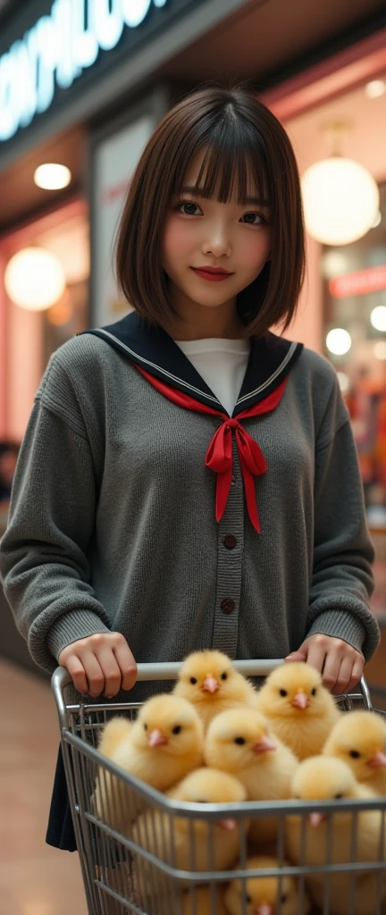 ultra-realistic, photorealistic, dramatic scene, shadow, global-illumination, solo, (teenage Japanese famous idol girl:1.5), very beautiful fragile Japanese girl, very beautiful with very cute but boyish cool face, (very large breasts), slim waist, (wearing a gray colored Japanese high school sailor uniform with white shirt and dark colored cardigan, red ribbon:1.2), (very large breasts), (She is walking while pushing a shopping cart full of chicks), smile, at the trendy shopping mall, In front of a store specializing in gothic ****ta fashion, shoot from side, looking at viewers