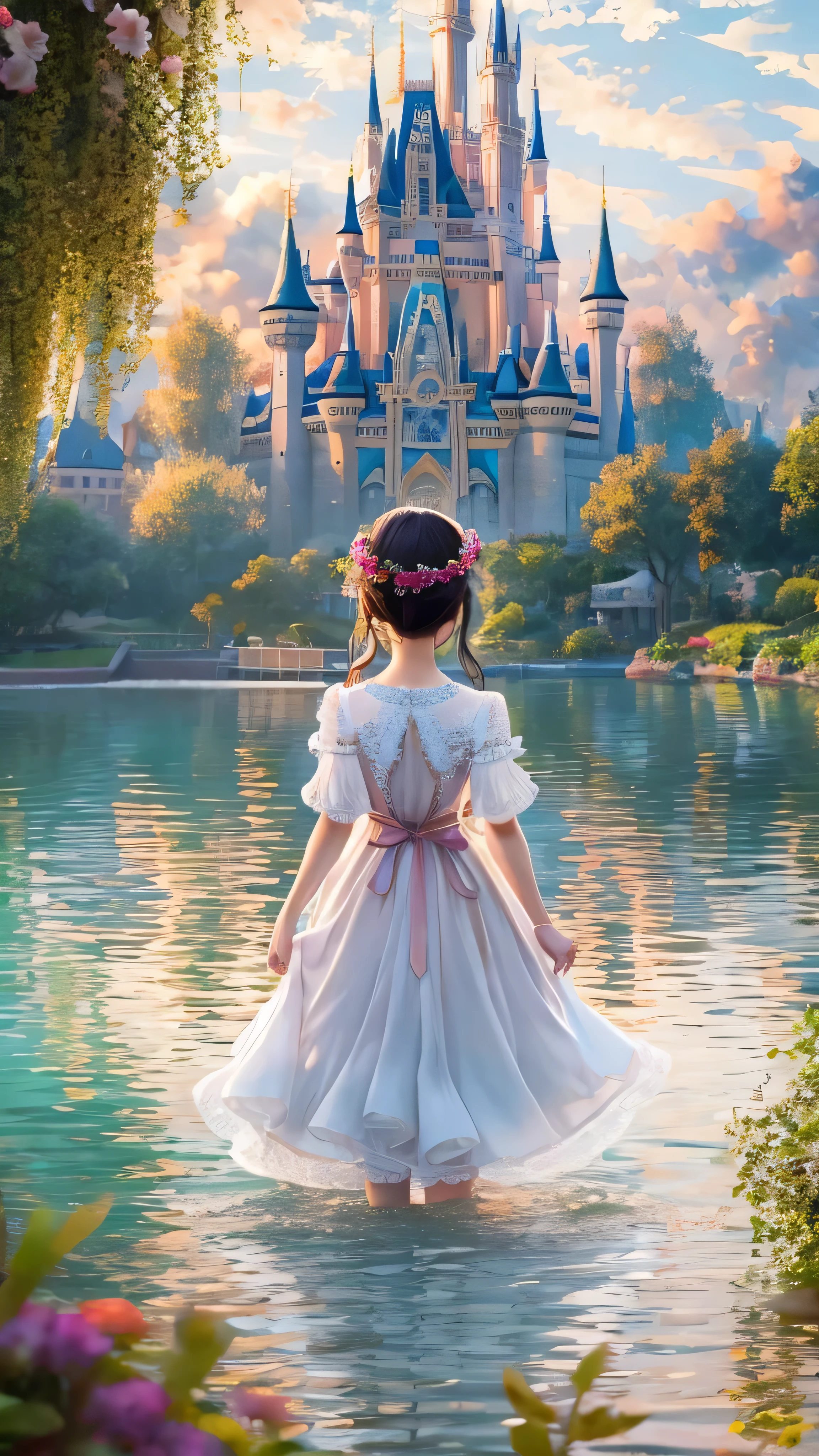 With high definition images, The beautiful and clear lake scenery plays the leading role , ,field,（ Disney Castle ） I can also see a colorful castle on the other side of the lake、A girl in the distance ,  face details,  magic , White satin dress。