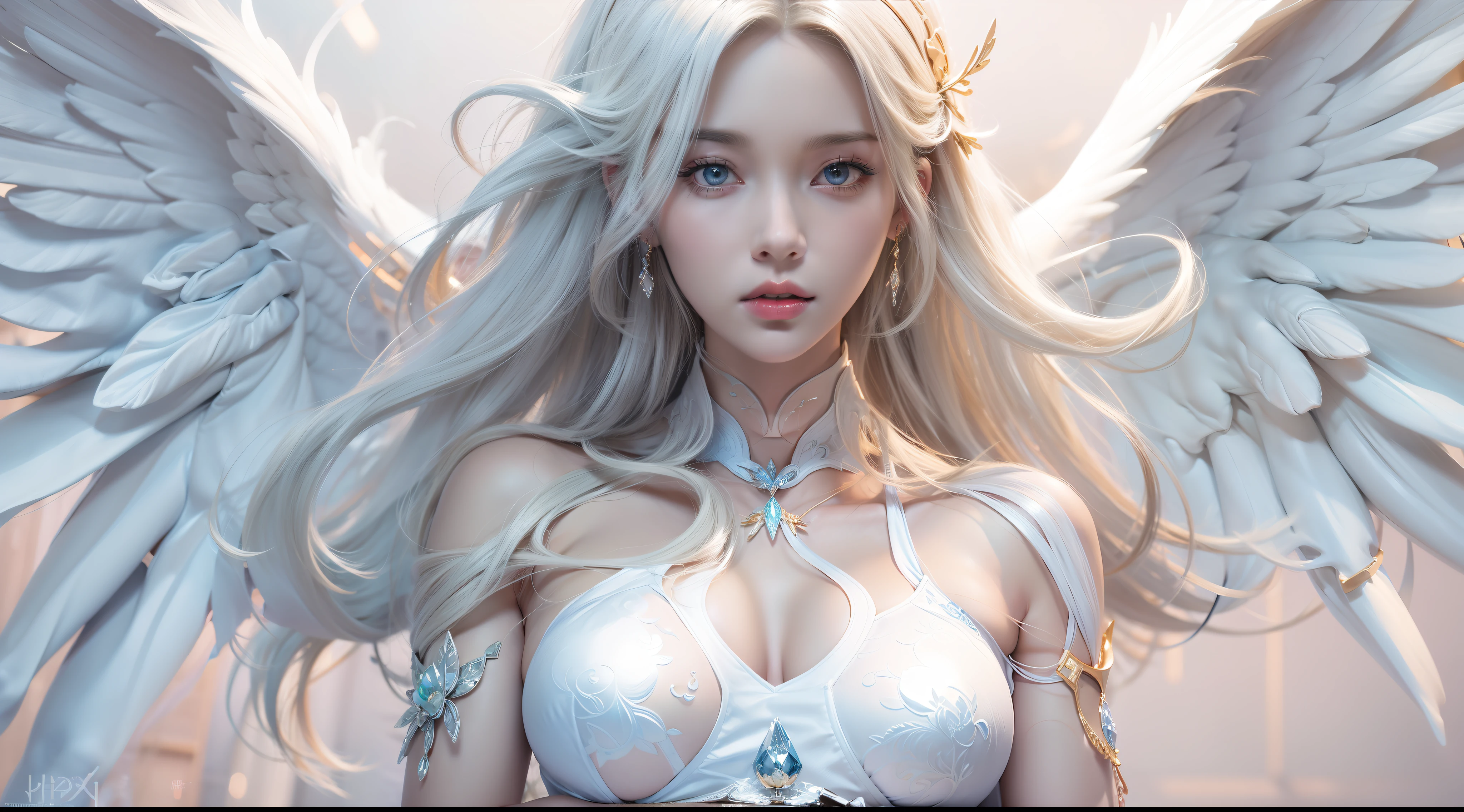 Art background art germ. High detail，in a panoramic view，1girll，hyperrealistic full figure, Busty woman，There is a halo on the top of the head，Silk texture clothes，white stockings，bautiful young woman，White silk texture concept dress with white high slit dress，cloaks，hooding，White angel wings，Six-winged angel，White princess hair，Sculptural body，Perfect blue and beautiful eyes，Glowing painting，Super sharp，realisticlying，32K，IG model | Art germ, Extremely detailed Artgerm, Art germ. anime illustration, Art germ. High detail, Art germ on ArtStation Pixiv, Fanart Meilleure ArtStation,Deviantart ArtStation CGSCOSIETY,Lucifer