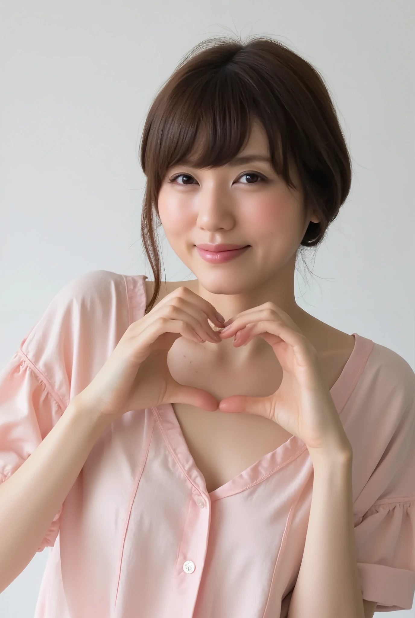 A smiling woman poses alone wearing off-the-shoulder pajamas in pastel colors that convey warmth simply by touching them softly and softly, making a firm, large heart shape with both hands, and holding them in front of her chest, View above collarbone、The background is a monotone 、
