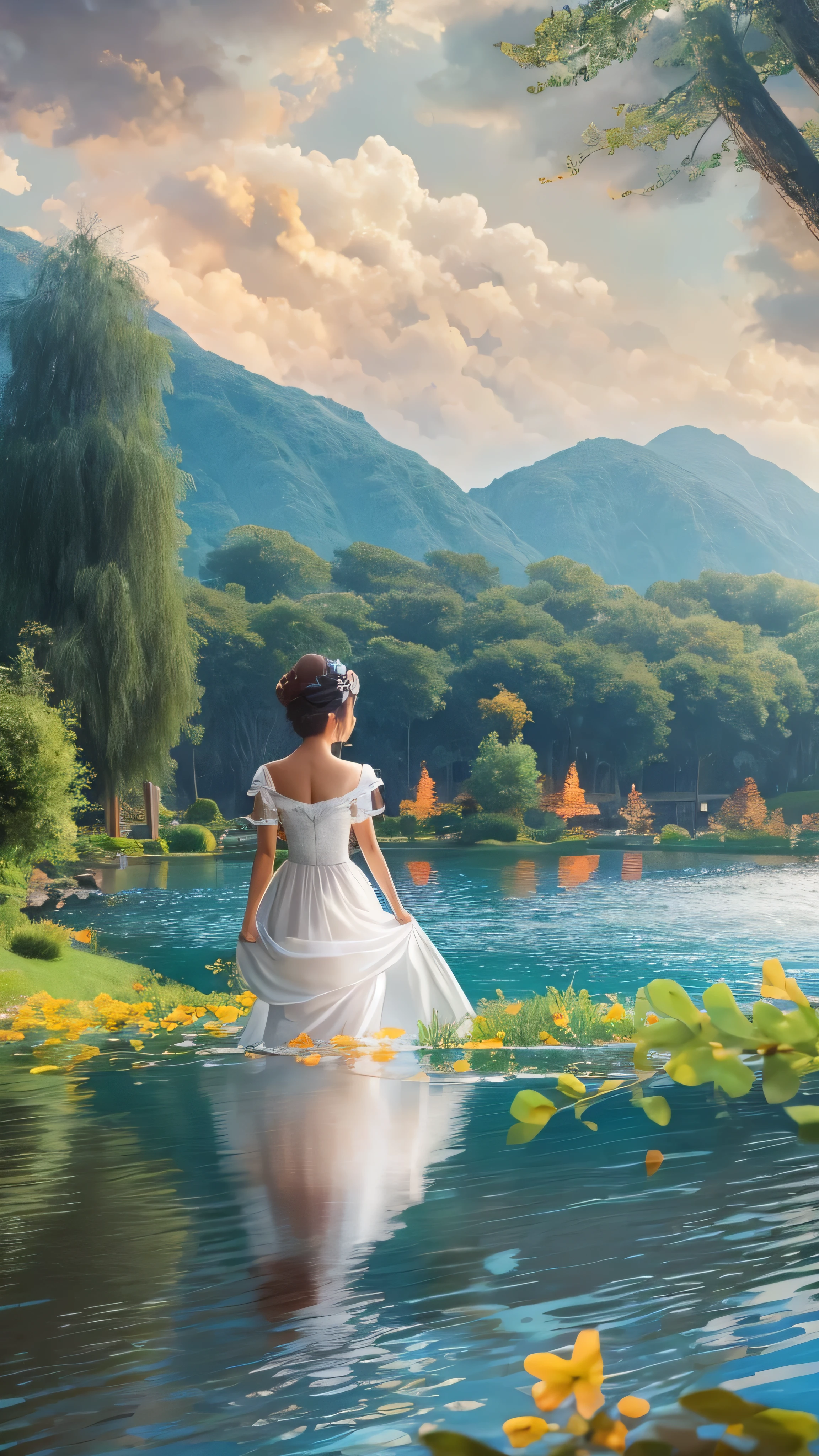 With high definition images, The beautiful and clear lake scenery plays the leading role , ,field,（ Disney Castle ） I can also see a colorful castle on the other side of the lake、A girl in the distance ,  face details,  magic , White satin dress。