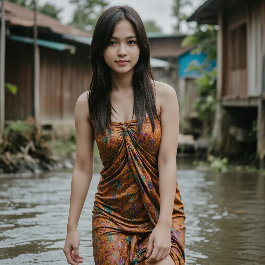 best quality, masterpiece, ultra high res, (photorealistic:1.2), 1girl, (detailed face:1.2), (detailed eyes:1.2), (detailed hair:1.2), (detailed clothes:1.2), 4k, indonesian woman, wet hair, walking in very deep flooded village, wet, under the heavy rain, look at the viewer,