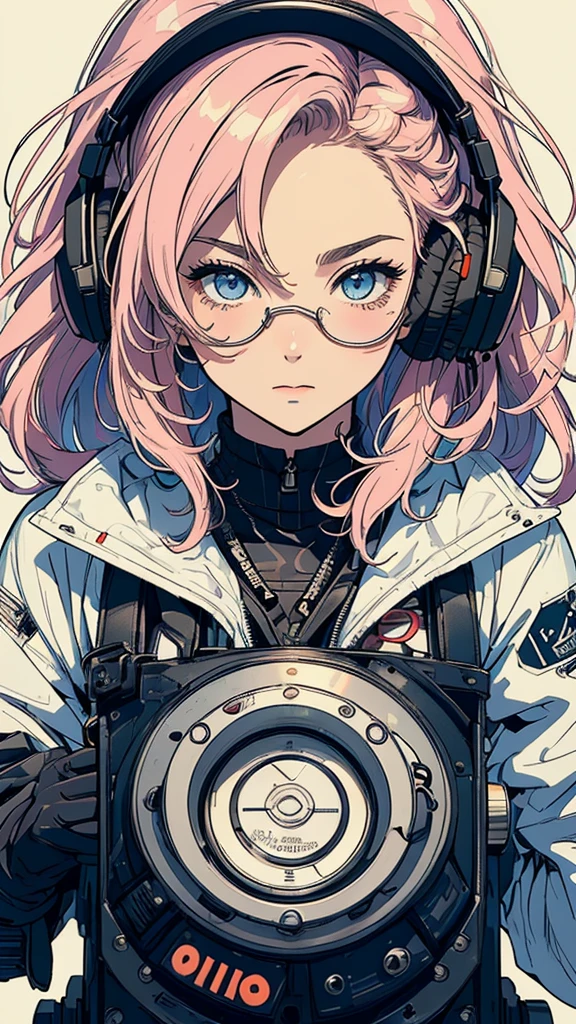 (extremely detailed fine touch:1.3), (((silver semi-rimless round eyewear:1.3))), (wear silver headphones around neck:1.0), short hair, blunt bangs, glowing cool 1girl, 2.5d face, profile, cigarette in one's mouth, smoke breath, black tanktop, bare arms, dirty skin, sunset, extremely detailed zentang dieselpunk, ruined skyscrapers