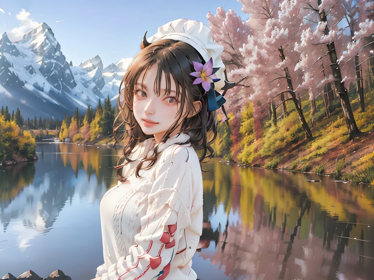 a tranquil lake, calm water reflecting the sky, lush forest surrounding the landscape, sunlight sparkling on the water, snow-capped mountains in the distance, birds flying overhead, (highest quality, 4k, 8k, high resolution, masterpiece:1.2), ultra detailed, (realistic, photorealistic, photorealistic:1.37), landscape, nature, environment art, dramatic lighting, vibrant colors, exquisite details, ((masterpiece)), (highest quality), (details), (cute illustration:1.5), (one girl), (very beautiful woman with a very cute smile), (very beautiful symmetrical face), (too beautiful adult attractive woman), (strong highlights on the eyes), (surreal), (illustration), (high definition), (32K), (very detailed), (best illustration), (beautiful detailed eyes), (official art), {{ masterpiece, highest quality, highly detailed CG, Unity 8K wallpaper , cinematic lighting , ( beautiful, and aesthetic :1.2 ​​), ( perfect female body ), masterpiece , top quality, high definition, horned hat, flower in hair , hair accessory, white sweater, purple jacket, flower, Long sleeves, open clothes, black horn, sleeves, skirt, cowboy shooting, outdoor, street, standing, camping at the edge of the view