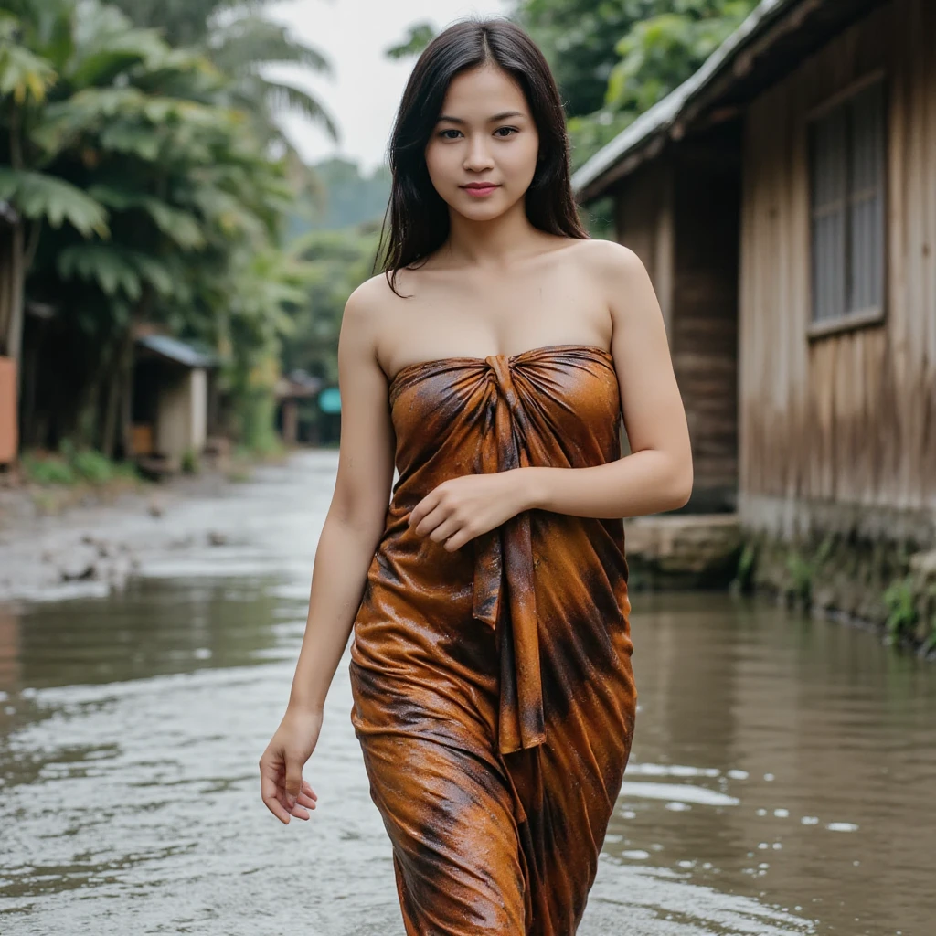 best quality, masterpiece, ultra high res, (photorealistic:1.2), 1girl, a bit chubby, (detailed face:1.2), (detailed eyes:1.2), (detailed hair:1.2), (detailed clothes:1.2), 4k, indonesian woman, wet hair, walking in very deep flooded village, wet, under the heavy rain, look at the viewer,