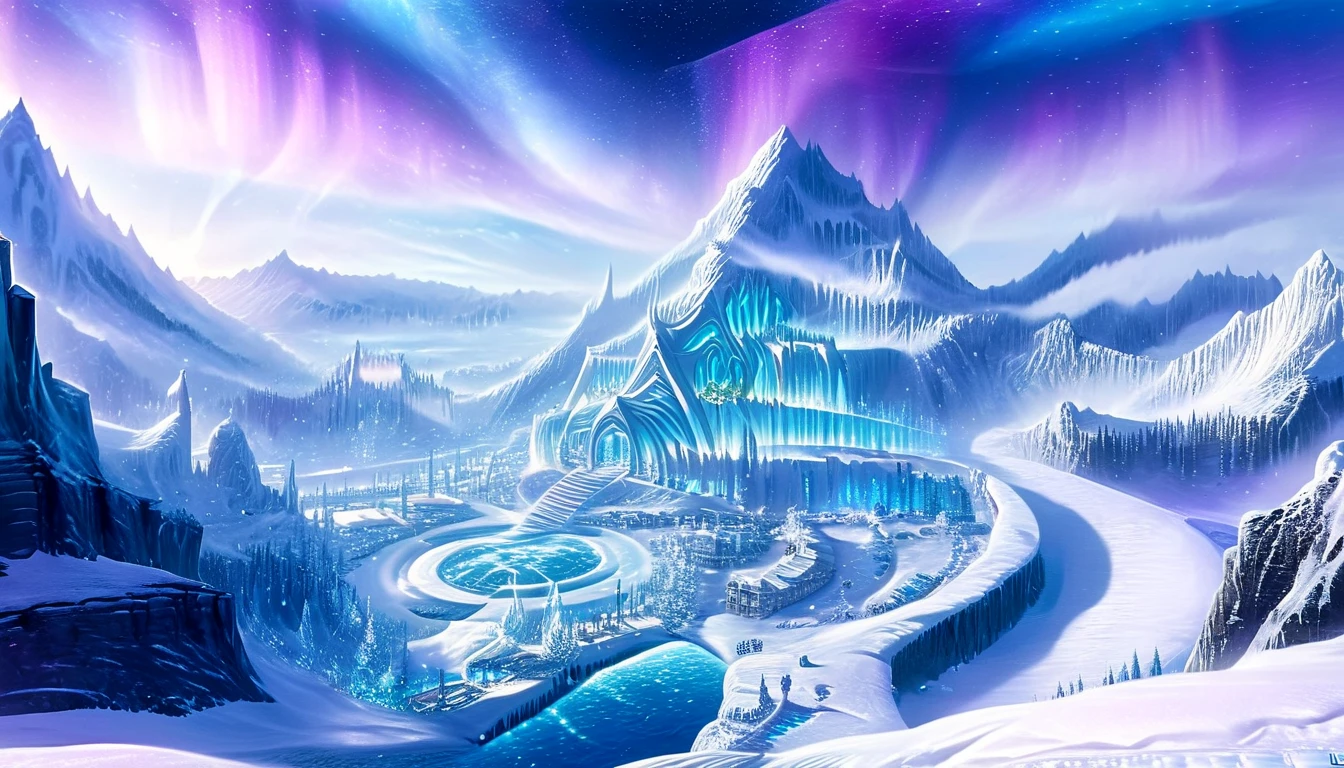 An isolated, mystical kingdom hidden beyond an immense chain of towering, snow-covered mountains in the far north. The kingdom lies under a sky illuminated only by vibrant, shimmering northern lights, the aurora borealis, as the mountains block all sunlight. The scene includes a developed and thriving city built into the base of the mountains, with glowing lights from mushroom farms in cavernous tunnels and cultivated subterranean plants. Large animals graze in snowy pastures near the city, and a majestic palace with a vast, flat landing area for a dragon sits prominently. A vast frozen river connects the city to the icy sea in the distance, adding to the ethereal beauty of the snowy, otherworldly landscape. Two UH-1J Huey landing next to there