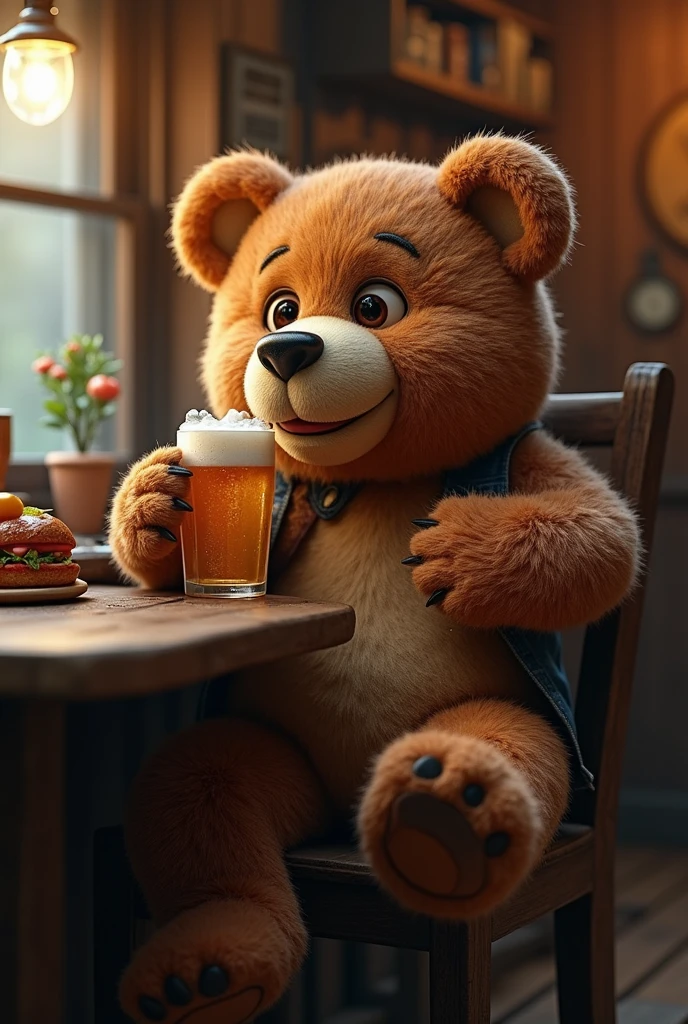 3d, masterpiece,Highest quality,Highest Resolution, Drinking beer in a cute brown bear costume at a beer garden in the eveningOL,Bruises and gestures,