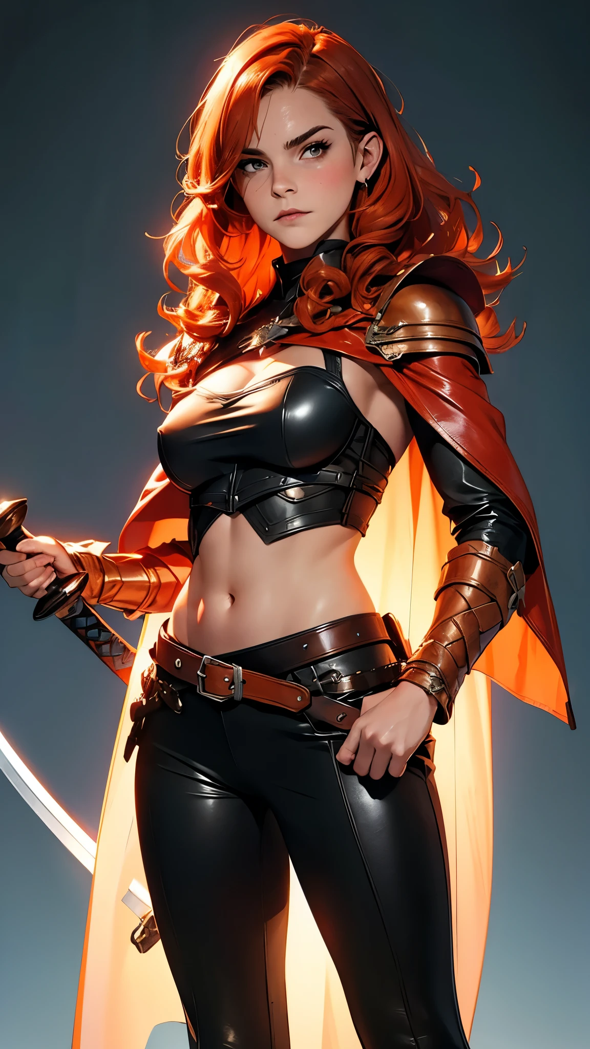 Emma Watson, Beautiful redhead nordic warrior orange curly hair muscular body perfect breasts leather pant armor leather cape with fluff edge holding large sword detailed face would cheekbones blushing rendered image posing heroically