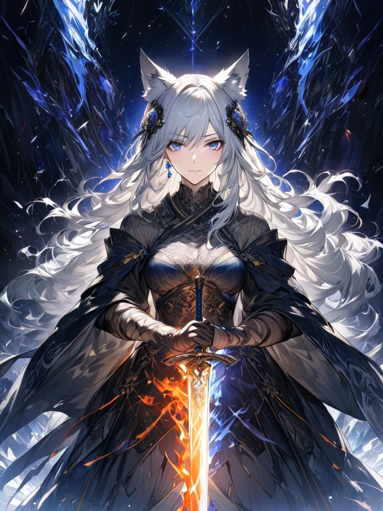 An epic scene in a desolate village reduced to ruin, It's snowing，There is a young girl with white hair，She d a glowing piece of rune paper，Face a skin blue，A giant Handsome demon with big horns
