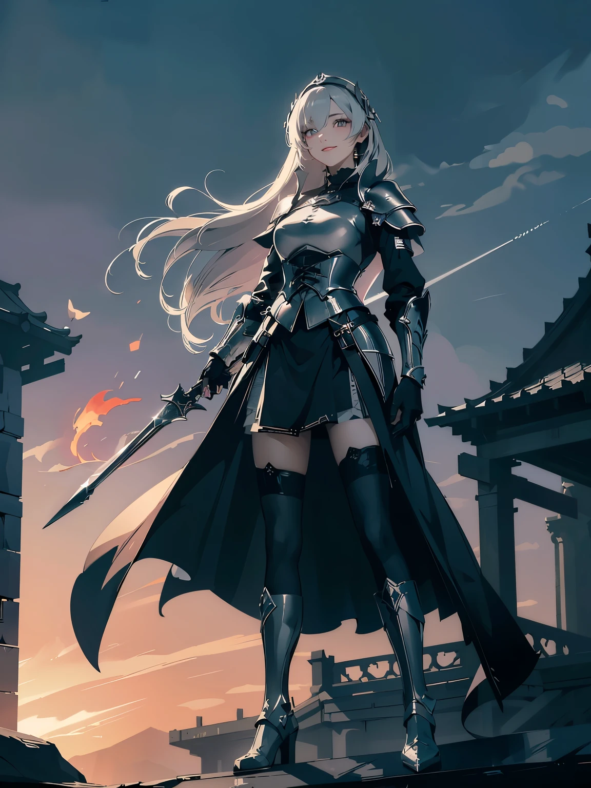 masterpiece, high resolution, high quality, super detail, best quality, 8k, ((elegant eyebrow)), ((natural eyelid)), (looking at remote target), red flame, burning fire, holding sword rod, black leather gloves, An illustration for light novels with fine lines and medium saturation. A refined Kaihime-like female knight stands on a rooftop looking at the dawn sky, smiling faintly. She wears a gothic-style dress in charcoal with pale pink and silver accents, charcoal stockings, leather boots, and long silver gloves with charcoal fingertips., cinematic lighting, chiaroscuro, masterpiece, high quality, super detail, best quality, white elegant blouse with white collar, bringing a huge metal shield of knight corps