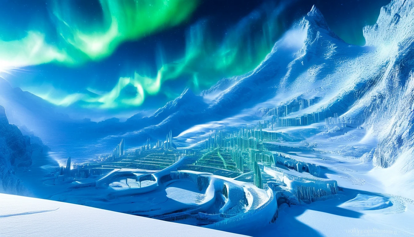 An isolated, mystical kingdom hidden beyond an immense chain of towering, snow-covered mountains in the far north. The kingdom lies under a sky illuminated only by vibrant, shimmering northern lights, the aurora borealis, as the mountains block all sunlight. The scene includes a developed and thriving city built into the base of the mountains, with glowing lights from mushroom farms in cavernous tunnels and cultivated subterranean plants. Large animals graze in snowy pastures near the city, and a majestic palace with a vast, flat landing area for a dragon sits prominently. A vast frozen river connects the city to the icy sea in the distance, adding to the ethereal beauty of the snowy, otherworldly landscape. Two UH-1J Huey landing next to there