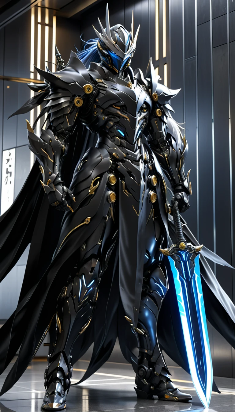  Arafed man in a black suit wearing a sword and helmet,  Wearing Full Body Metal Armor , Raiden Metal Gear,  Stylish Cyborg Armor , Shiny blue-black armor ,  Full Body Covered in Silver Armor , Villain Cyborg movie still, Cyborg Samurai, Cyborg Ninja , Raiden from Metal Gear Rising ,  cyber Japanese style armor , black scales and cyborg technology , Akihiko Yoshida.  Unreal Engine 、 long hair、 blue hair 、青色の long hair、Black Cape、Black Wings、male、 One Man、Two-Way