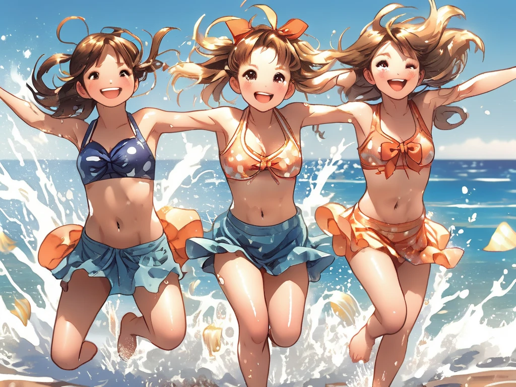 Wearing sweat,Mid summer,The bikini,swimming beach,Plunge into the sea,Outstanding smile,poneyTail,Multiple girls,sun burn,