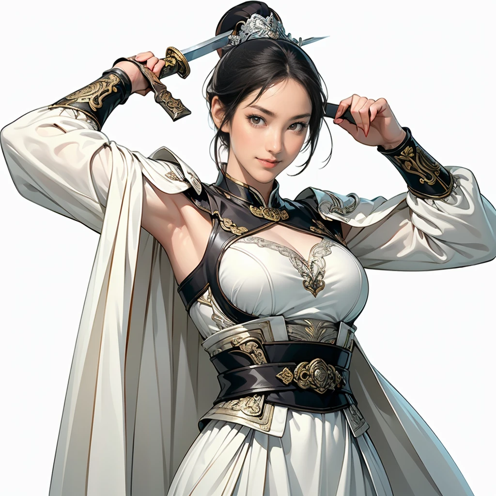 ( best quality,4K,8k, high definition ,masterpiece:1.2),super detailed,(super fine illustration),(((A woman drawn in an anime-style illustration ))),Ancient Chinese war princess ,20-year-old woman,(Shining Dark Eyes , Long Beautiful Black Hair , sculpted face ,smile), perfect style with eight heads ,Big Breasts:1.2,hairyarmpit:1.3,NFSW:1.3,(Silver HX armor based on ancient Chinese white:1.3,Armor with open armpits ,(He's brandishing a sword:1.3),dynamic pause:1.3,( wielding a sword opens and viewers can see her hairy armpits),( cowboy shot,( wielding a sword is depicted so that everything from the tip of the head to above the knee is not visible:1.3)),( standing:1.3,wide-angle photo:1.3, candid photo),(( white background:1.3,simple background:1.2))