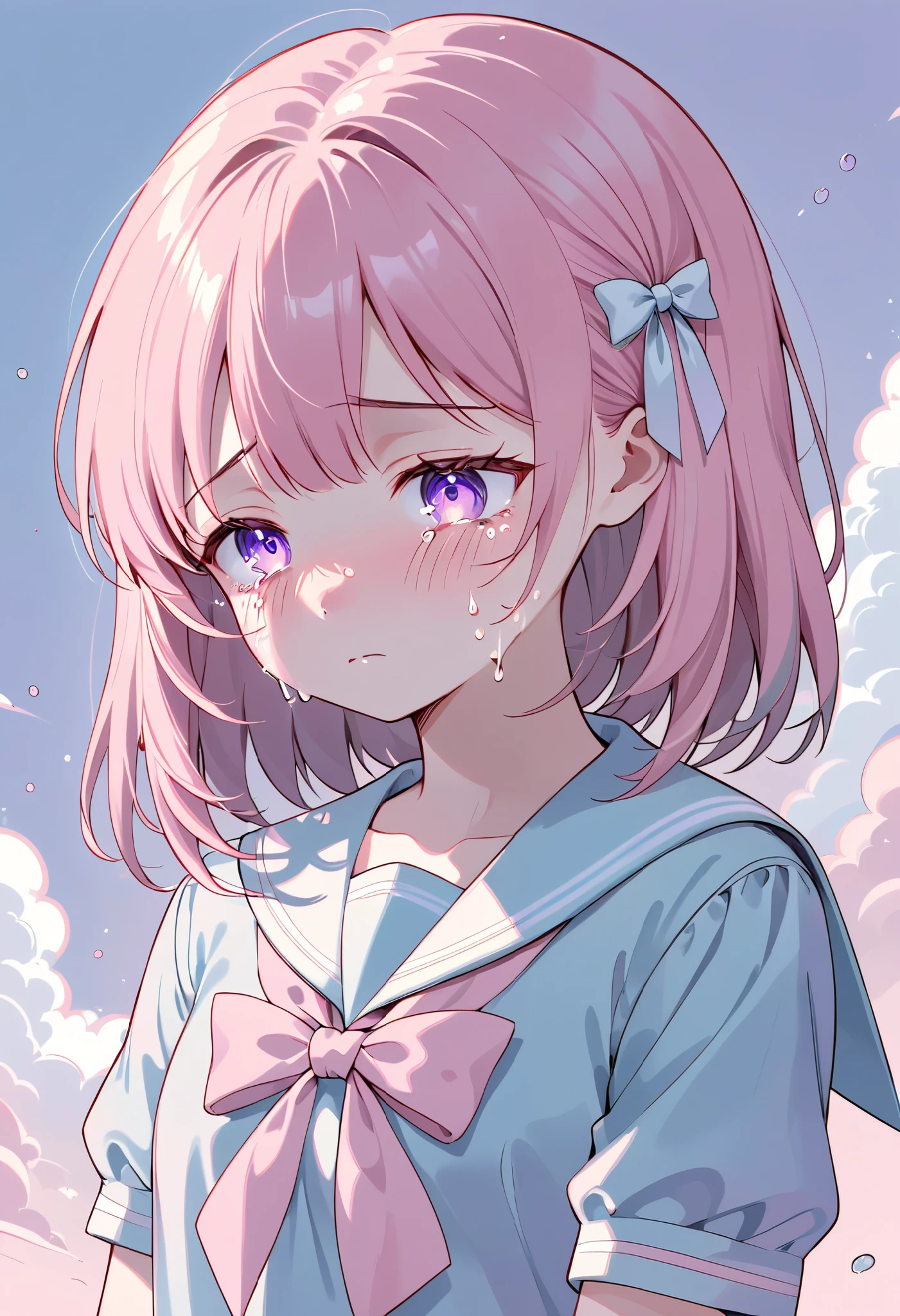 A melancholic anime illustration featuring a crying girl with short, pastel,
Low Fidelity (lofi) art style,pink hair and a pastel ribbon tied on the side. Her teary soft pastel purple eyes are expressive, capturing deep sadness. She is wearing school sailor, surrounded by a tranquil pastel blue. The soft color palette and minimalistic design enhance the emotional and somber tone of the artwork.