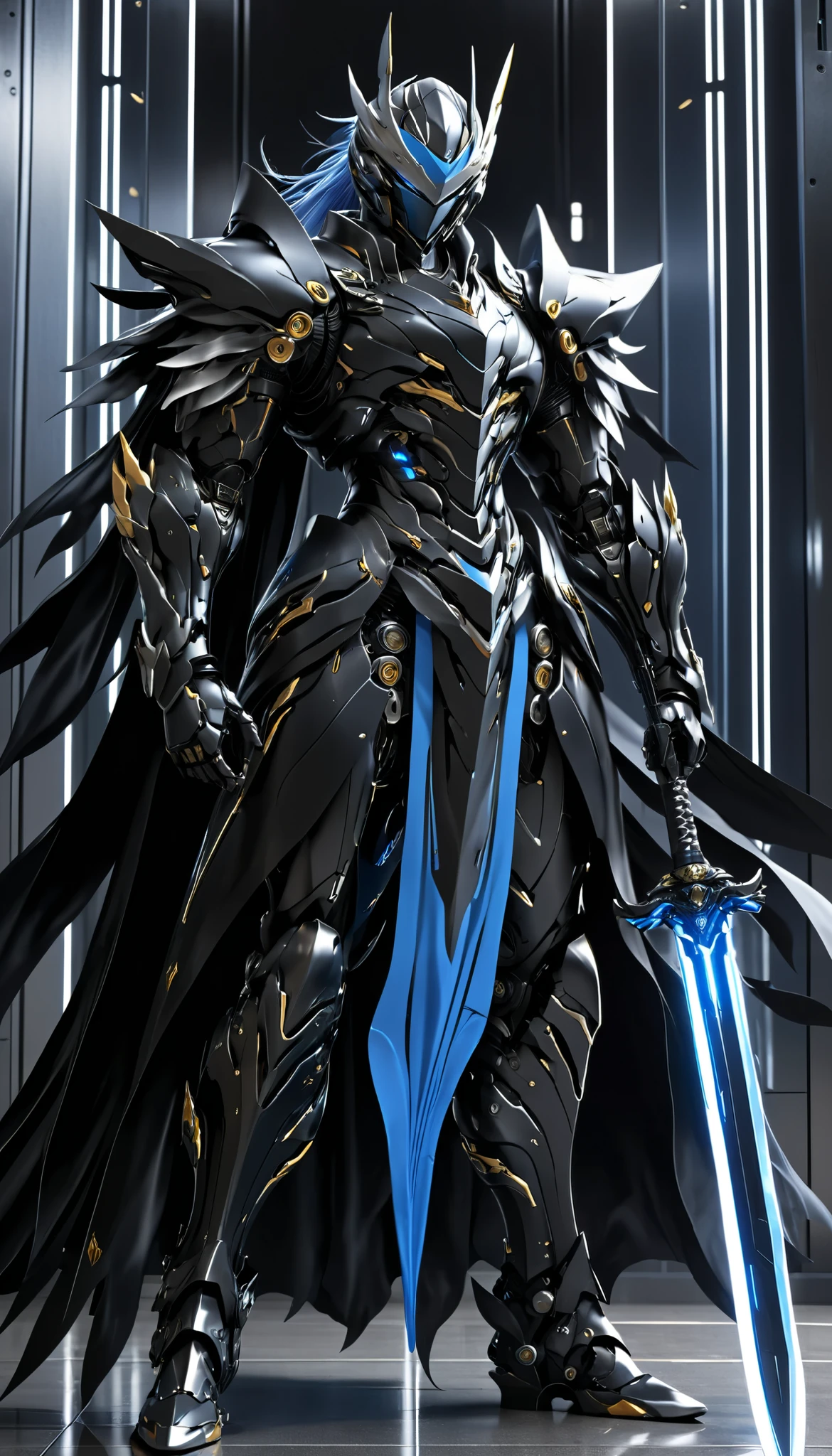  Arafed man in a black suit wearing a sword and helmet,  Wearing Full Body Metal Armor , Raiden Metal Gear,  Stylish Cyborg Armor , Shiny blue-black armor ,  Full Body Covered in Silver Armor , Villain Cyborg movie still, Cyborg Samurai, Cyborg Ninja , Raiden from Metal Gear Rising ,  cyber Japanese style armor , black scales and cyborg technology , Akihiko Yoshida.  Unreal Engine 、 long hair、 blue hair 、青色の long hair、Black Cape、Black Wings、male、 One Man、Two-Way