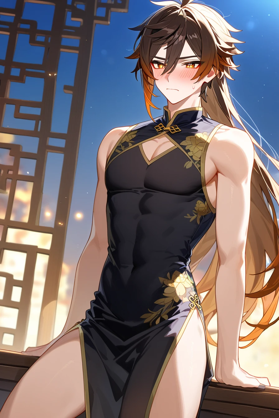 score_9, score_8_up, score_7_up, anime:1.1, masterpiece, aesthetic, perfect anatomy, rating:sensitive, 1boy, 1male, male focus, mature male, solo, (zhongli from genshin impact), longhair, male body, blush, (embarrassed), angry, ((china dress)), sleeveless, skirt slit, bare legs