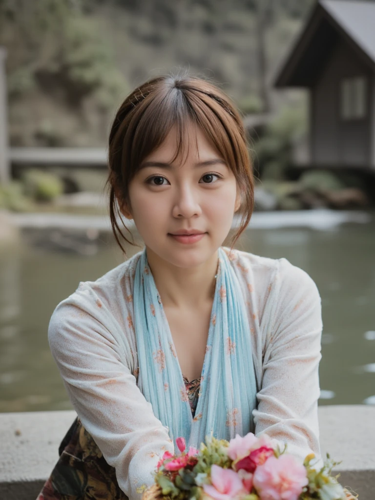 The image shows a person wearing a traditional dress, holding a basket of colorful flowers near a serene body of water with a rustic building in the background.