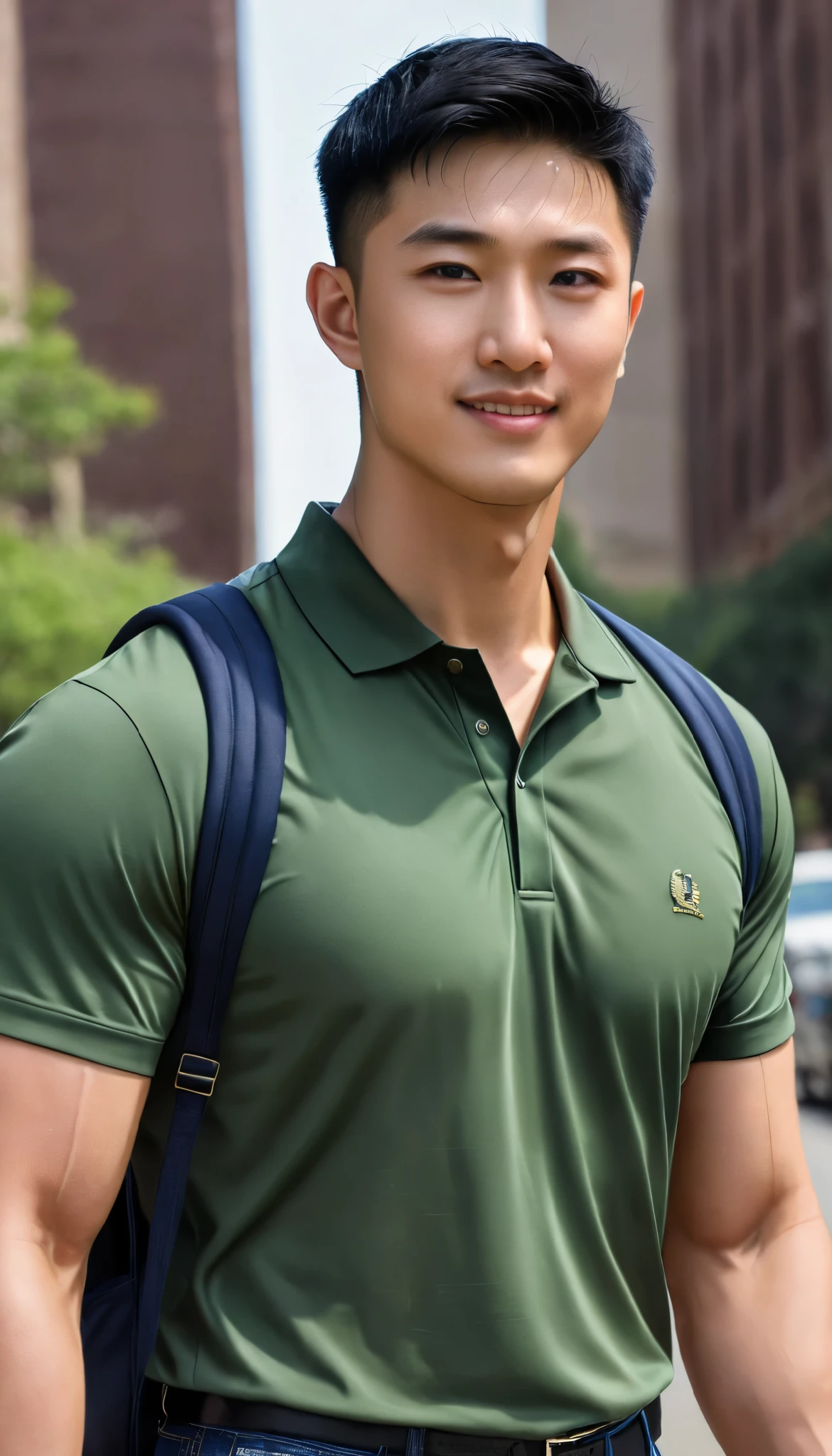 1boy, orimale ,Orimura, black_eyes, black_hair, male_focus, realistic ,  bright eyes  ,smile, Buzz Cut Drop Fade , Handsome Chinese Man with a Little Mustache , is muscular ,blood vessel,Broad shoulders,  wearing an olivegreen polo shirt with short sleeves without a logo and jeans, backpack