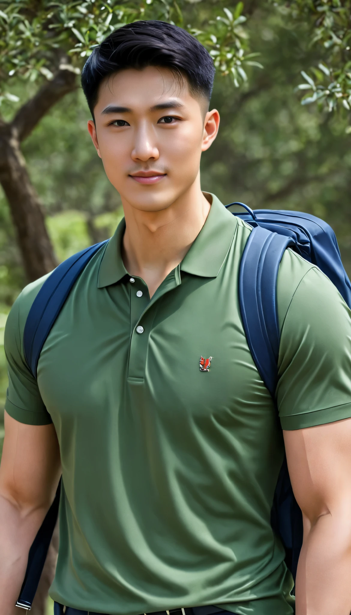 1boy, orimale ,Orimura, black_eyes, black_hair, male_focus, realistic ,  bright eyes  ,smile, Buzz Cut Drop Fade , Handsome Chinese Man with a Little Mustache , is muscular ,blood vessel,Broad shoulders,  wearing an olivegreen polo shirt with short sleeves without a logo and jeans, backpack