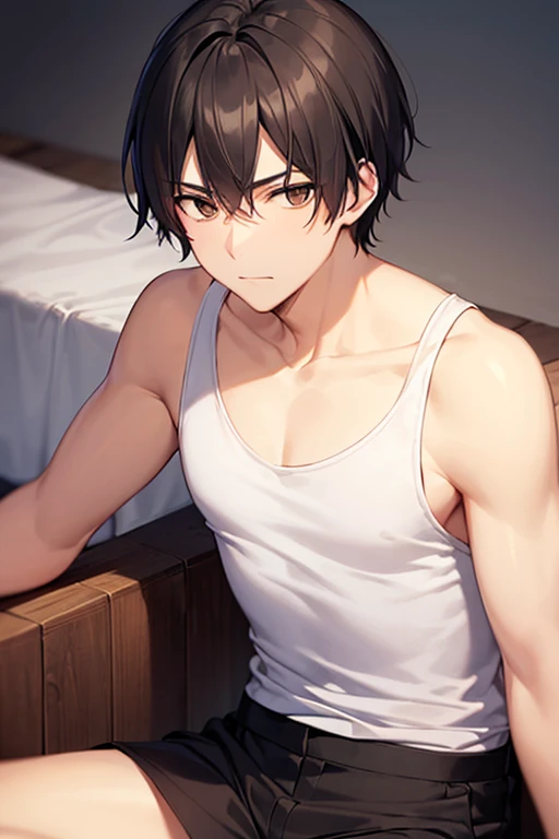 20yo, 1boy, solo, brown eyes, short hair, parted bangs, straight hair, brown hair, shirtless, white male underwear, standing