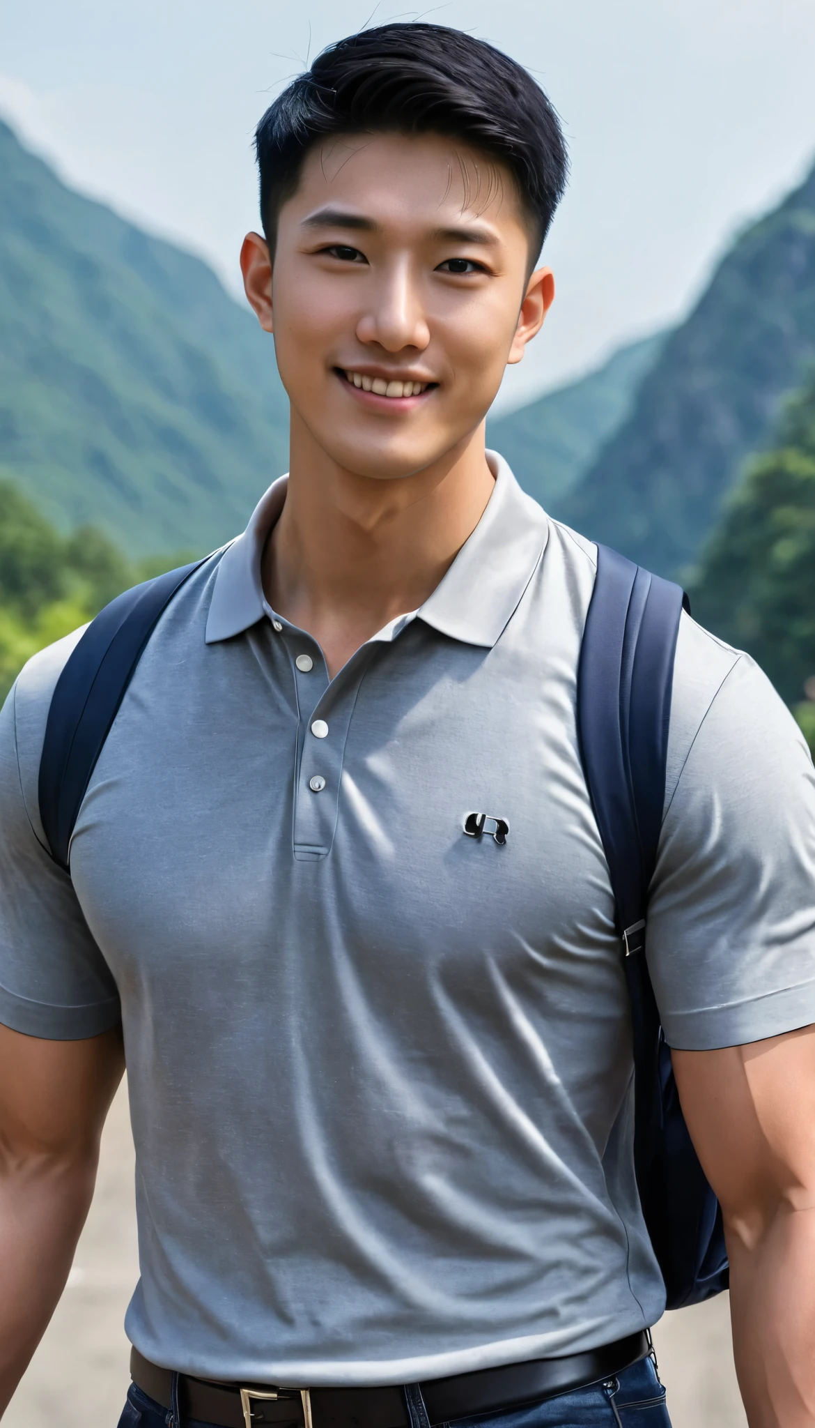 1boy, orimale ,Orimura, black_eyes, black_hair, male_focus, realistic ,  bright eyes  ,Smiling with white teeth, pretty neat, Buzz Cut Drop Fade , Handsome Chinese Man with a Little Mustache , is muscular ,blood vessel,Broad shoulders, Wear a gray polo shirt, short sleeves without a logo and jeans, a backpack.