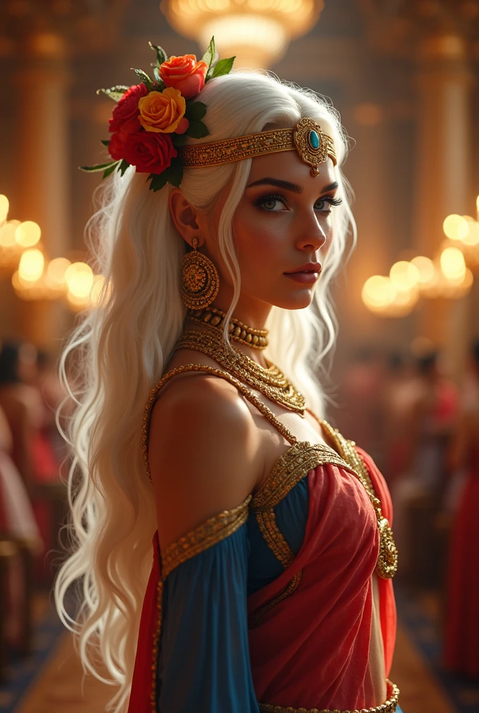 "((Enchantingly beautiful Mesopotamian woman, Lisa)), known for her rare charm and striking presence. She stands confidently in a luxurious banquet hall, bathed in the soft glow of candlelight. Her long, flowing white hair is adorned with vibrant flowers and golden accessories, giving her a divine allure. Her sheer, flowing fabrics, draped gracefully around her, reveal her sculpted body, embracing both sensuality and elegance. The rich colors—deep crimson, royal blue, and gold—reflect her royal status and divine beauty. Intricate golden jewelry, including large earrings and layered necklaces, shimmer with every movement, adding to her allure. The opulent setting, filled with lavish decorations, sets a celebratory and seductive atmosphere. Lisa’s pose embodies confidence, grace, and undeniable power, exuding both charm and strength as she commands the attention of all around her."  

((High definition: 1.5)) ((Masterpiece: 1.5)) ((8k: 1.5)) ((Best quality: 1.4))"