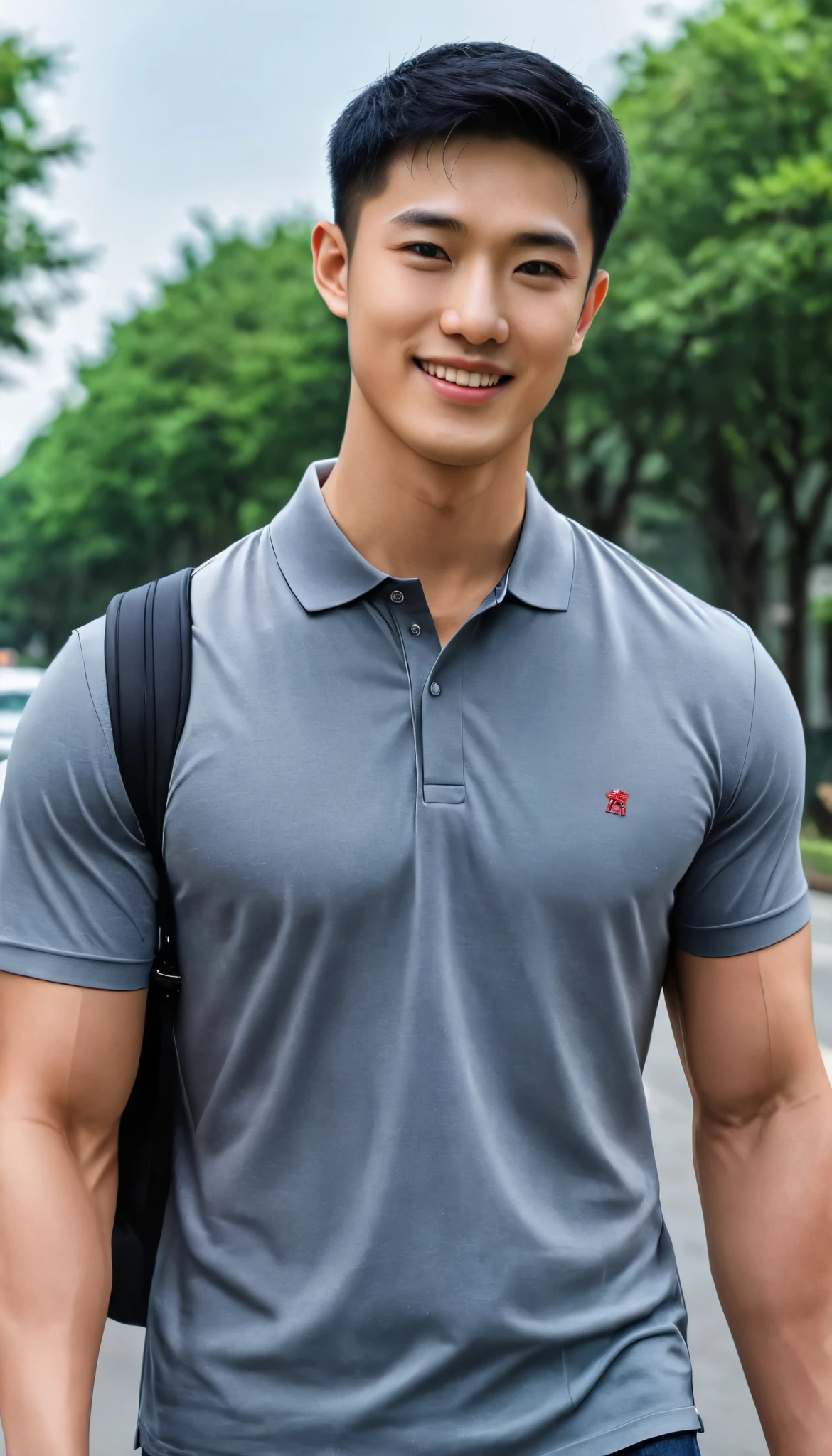 1boy, orimale ,Orimura, black_eyes, black_hair, male_focus, realistic ,  bright eyes  ,Smiling with white teeth, pretty neat, Buzz Cut Drop Fade , Handsome Chinese Man with a Little Mustache , is muscular ,blood vessel,Broad shoulders, Wear a gray polo shirt, short sleeves without a logo and jeans, a backpack.