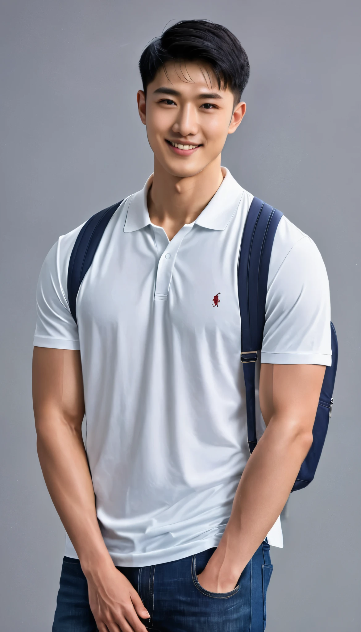 1boy, orimale ,Orimura, black_eyes, black_hair, male_focus, realistic ,  bright eyes  ,Smiling with white teeth, pretty neat, Buzz Cut Drop Fade , Handsome Chinese Man with a Little Mustache , is muscular ,blood vessel,Broad shoulders, Wear a white polo shirt with short sleeves without a logo and jeans. Backpack